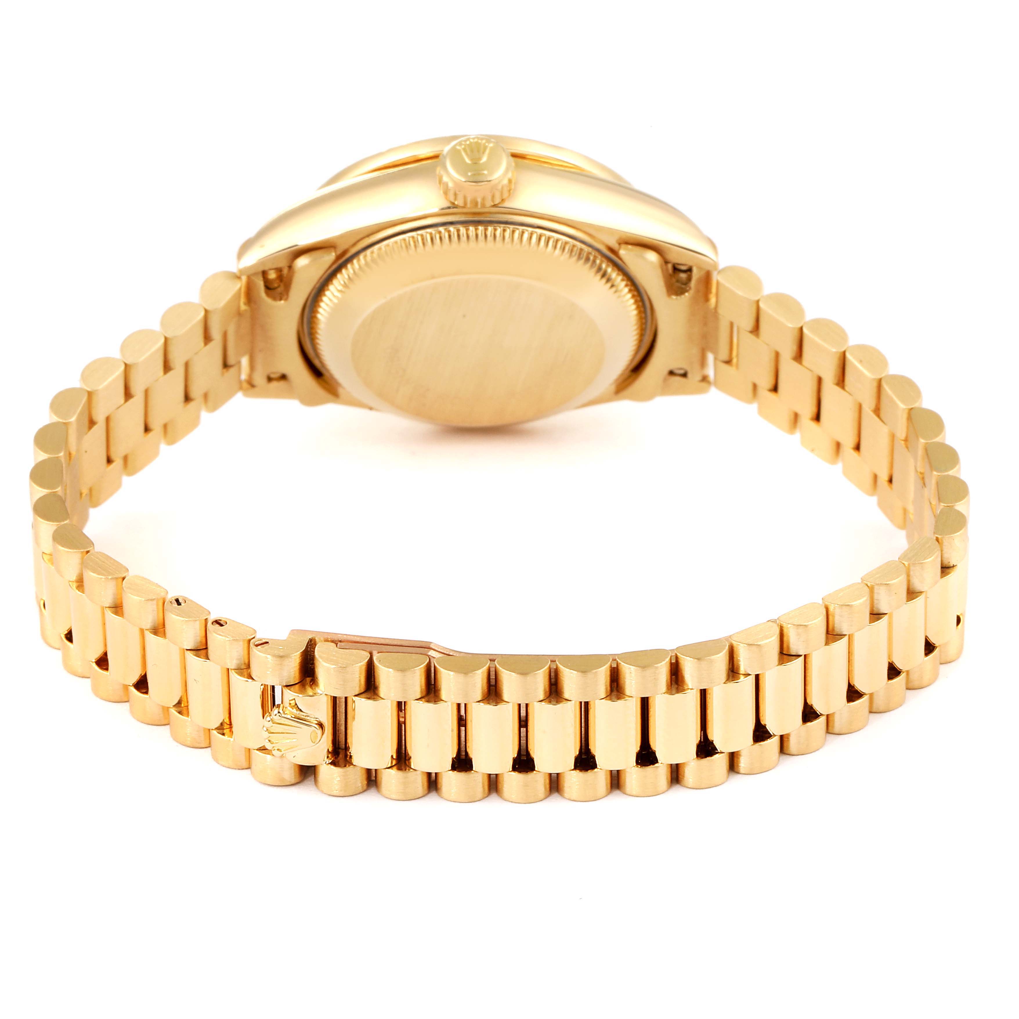 The image shows the back view of a Rolex President 69088 Women's Yellow Gold Champagne Dial 69088 Women's Yellow Gold Champagne Dial model watch, highlighting the gold bracelet and case back.