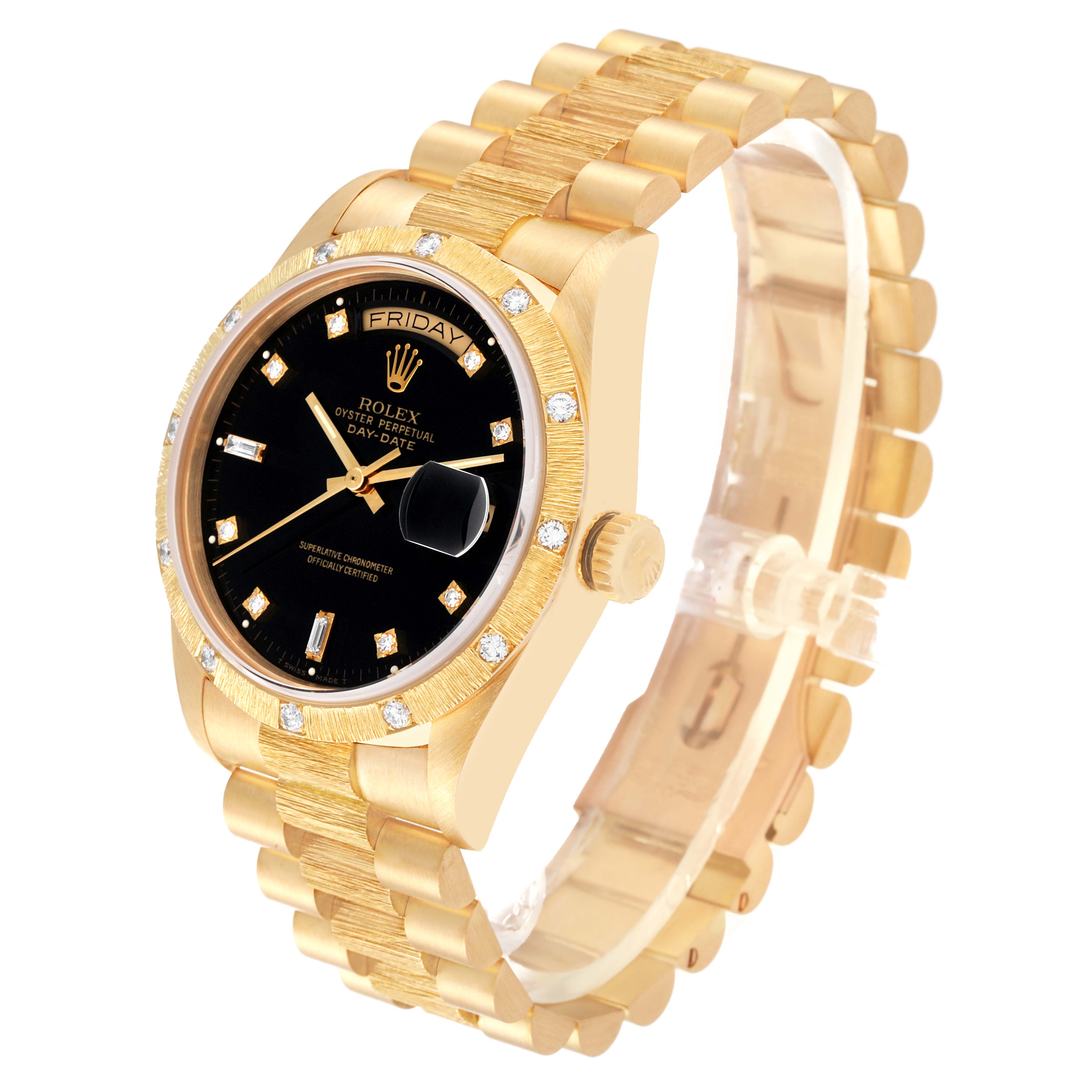 The Rolex President 18108 Men's Yellow Gold Black Dial 18108 Men's Yellow Gold Black Dial model watch is shown at a three-quarter angle, highlighting the bracelet, case, crown, and dial.