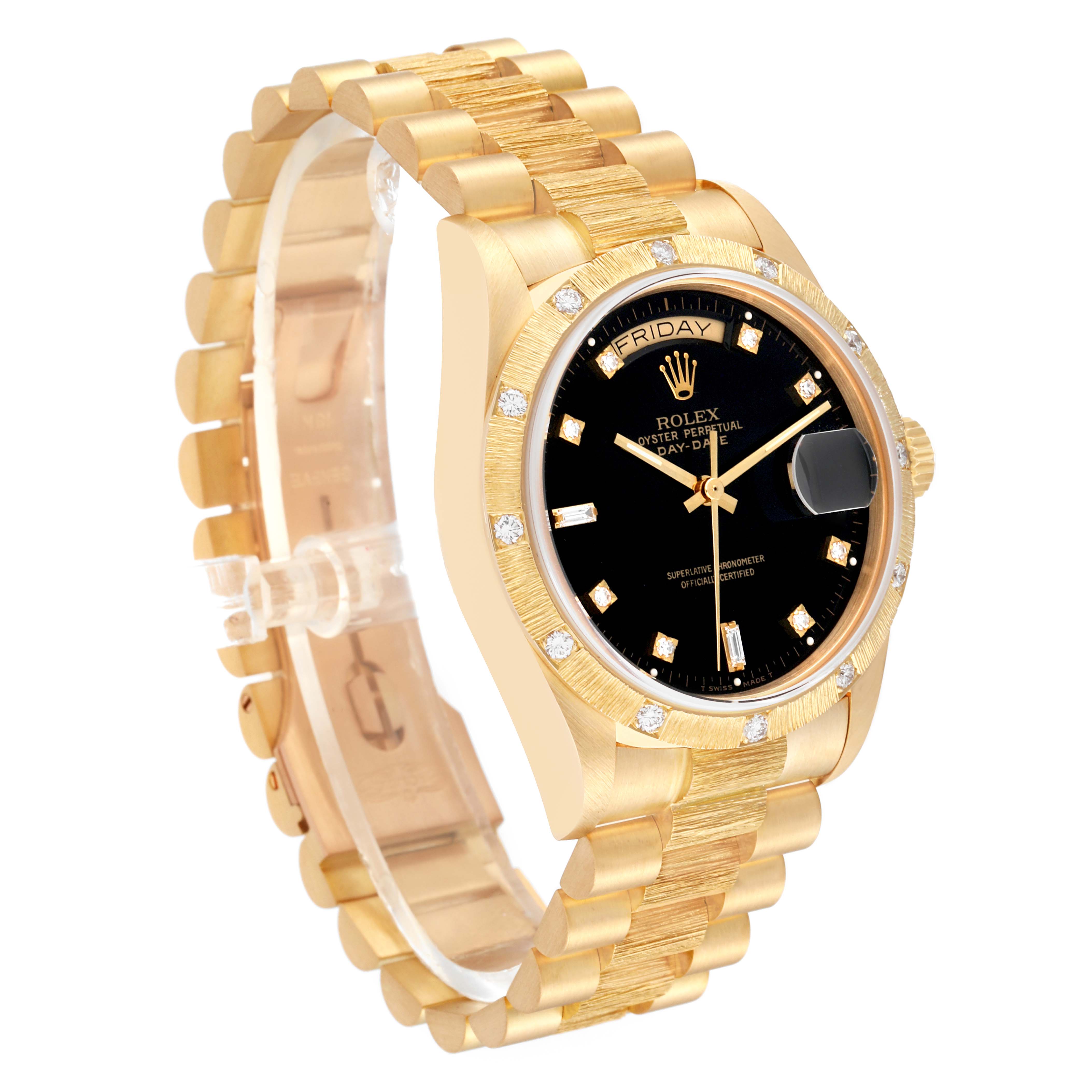 The image shows a Rolex President 18108 Men's Yellow Gold Black Dial 18108 Men's Yellow Gold Black Dial model watch at a slight side angle, highlighting its black dial and gold bracelet.