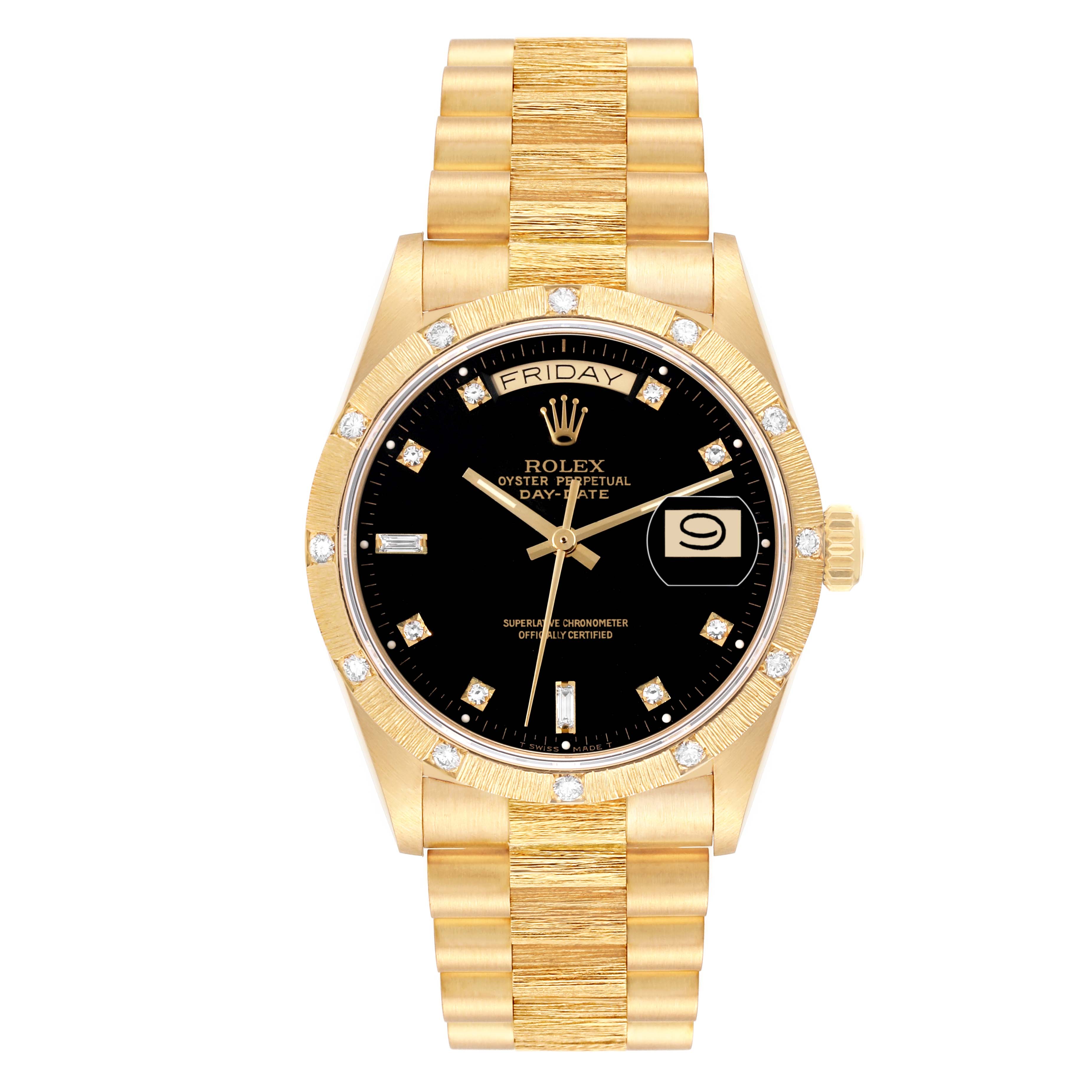 The image shows a front view of a Rolex President 18108 Men's Yellow Gold Black Dial 18108 Men's Yellow Gold Black Dial model watch, highlighting the gold case, black dial, and gold bracelet.