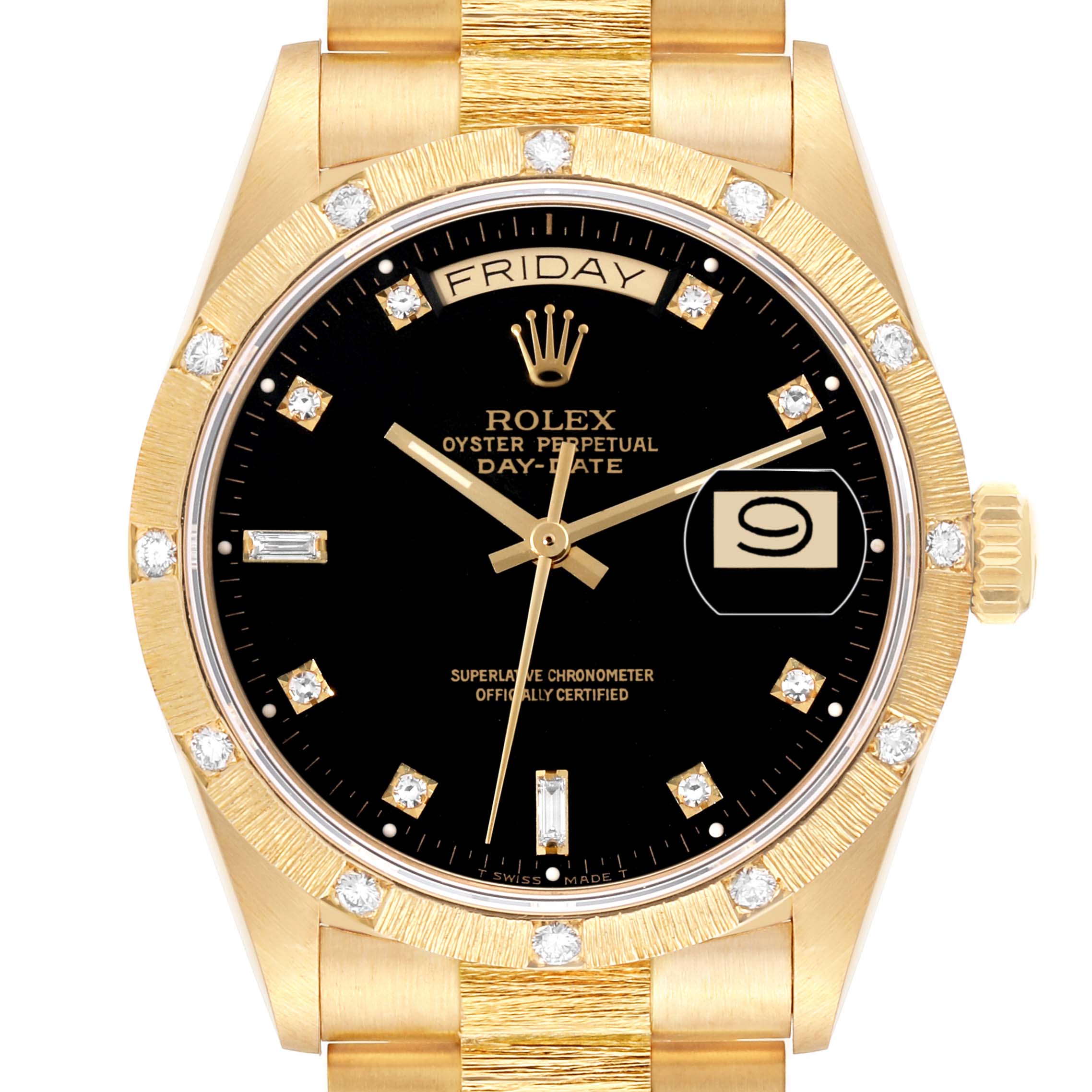 The image shows a front view of a Rolex President 18108 Men's Yellow Gold Black Dial 18108 Men's Yellow Gold Black Dial model watch displaying its gold case, black dial, diamond hour markers, and bracelet.