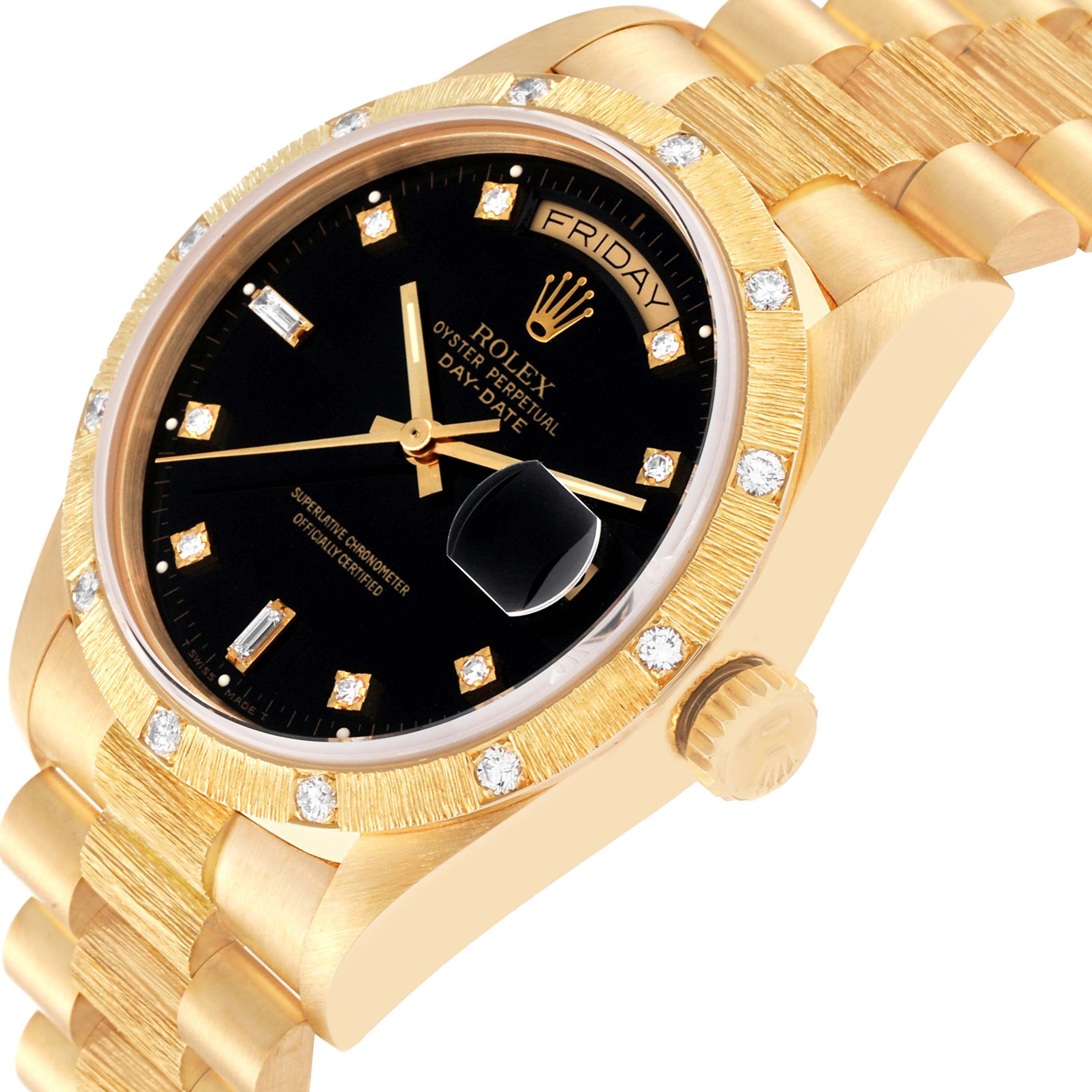 The image shows a close-up angle of a Rolex President 18108 Men's Yellow Gold Black Dial 18108 Men's Yellow Gold Black Dial model watch, showcasing its black dial, bezel with diamond markers, and part of the gold bracelet.