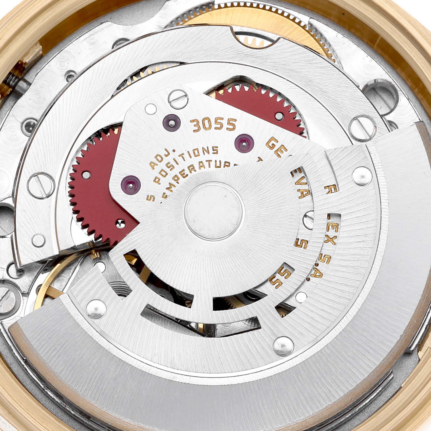 This close-up image shows the intricate internal mechanism of a Rolex President 18108 Men's Yellow Gold Black Dial 18108 Men's Yellow Gold Black Dial model watch.