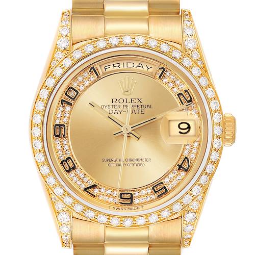 The Rolex President model watch is shown from a front angle, highlighting its gold dial, diamond bezel, and day-date feature.