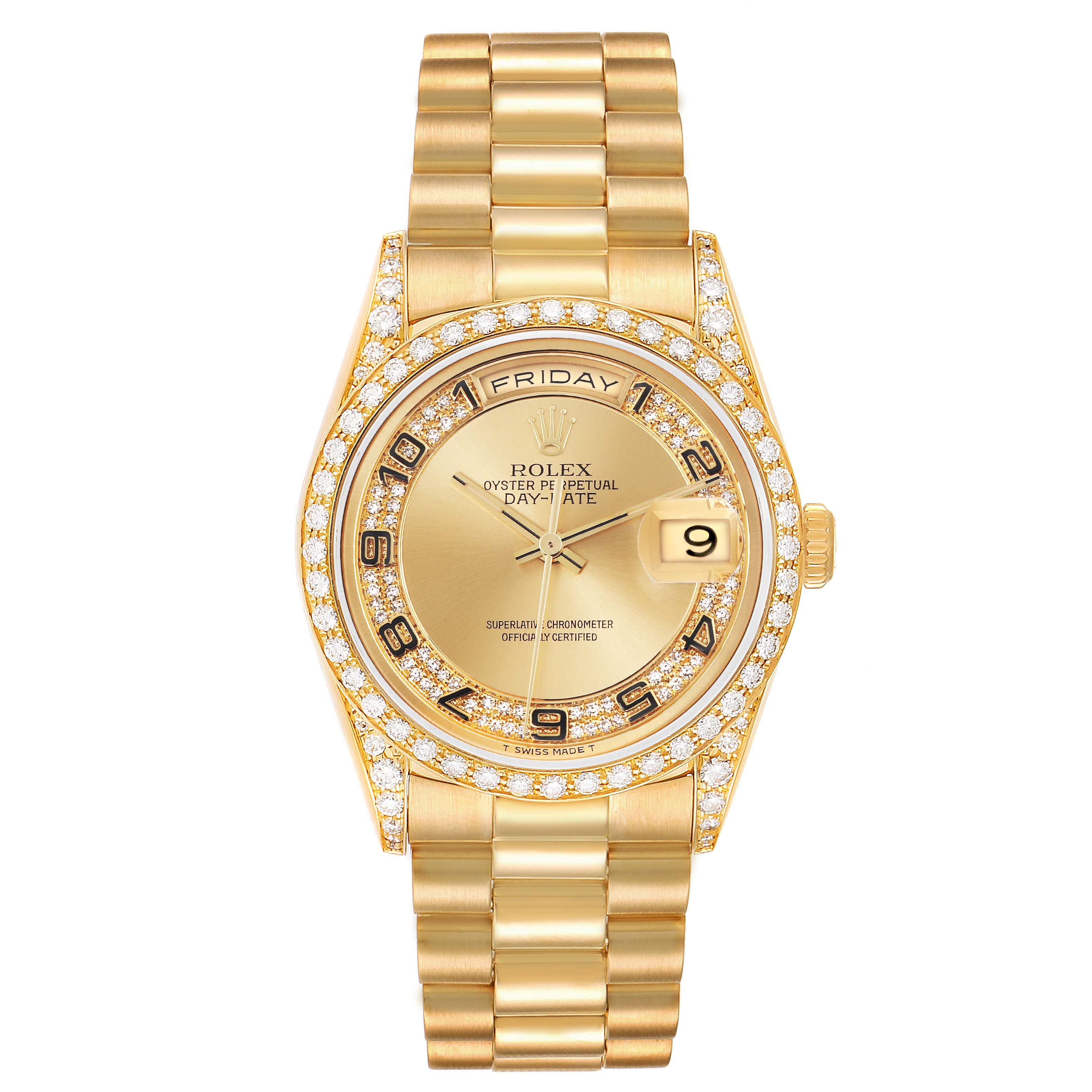 The Rolex President 18388 Men's Yellow Gold Champagne Dial 18388 Men's Yellow Gold Champagne Dial model watch is shown from a top-down angle, highlighting the face, bezel, and bracelet.