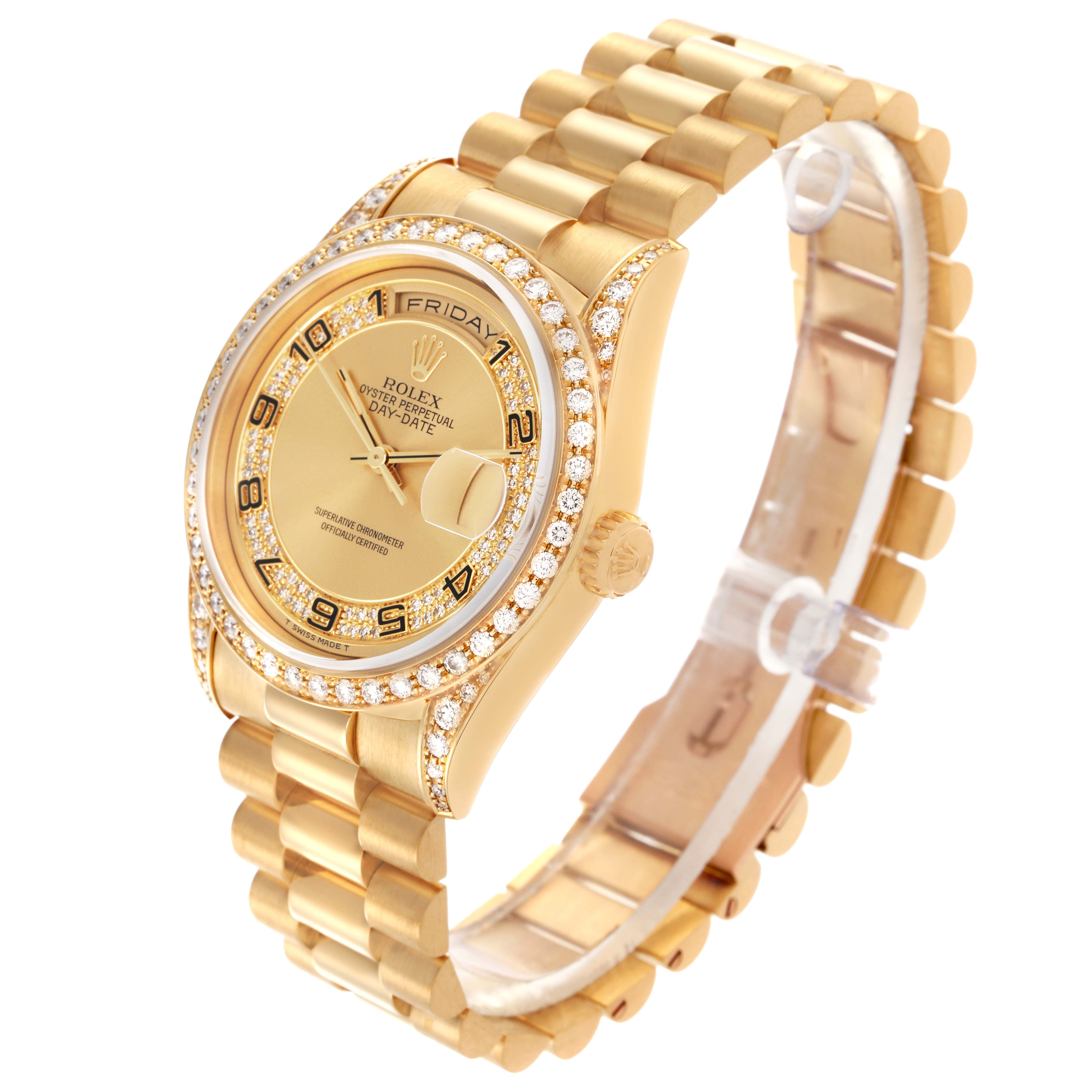 The Rolex President 18388 Men's Yellow Gold Champagne Dial 18388 Men's Yellow Gold Champagne Dial model watch is displayed at an angled side view, showing the bezel, dial, day-date feature, and bracelet.