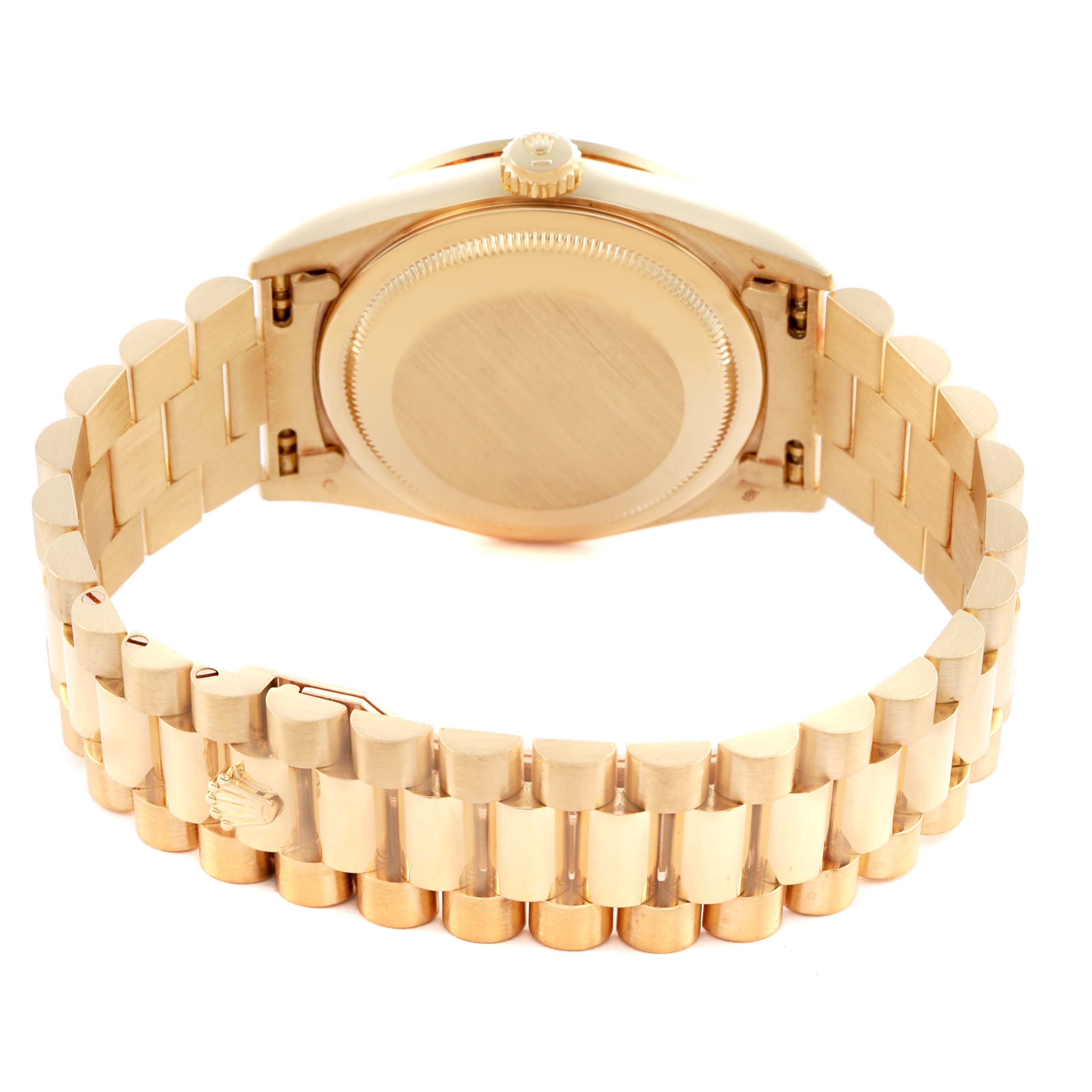 The image shows the back of the Rolex President 18388 Men's Yellow Gold Champagne Dial 18388 Men's Yellow Gold Champagne Dial watch, highlighting the case back and bracelet links.