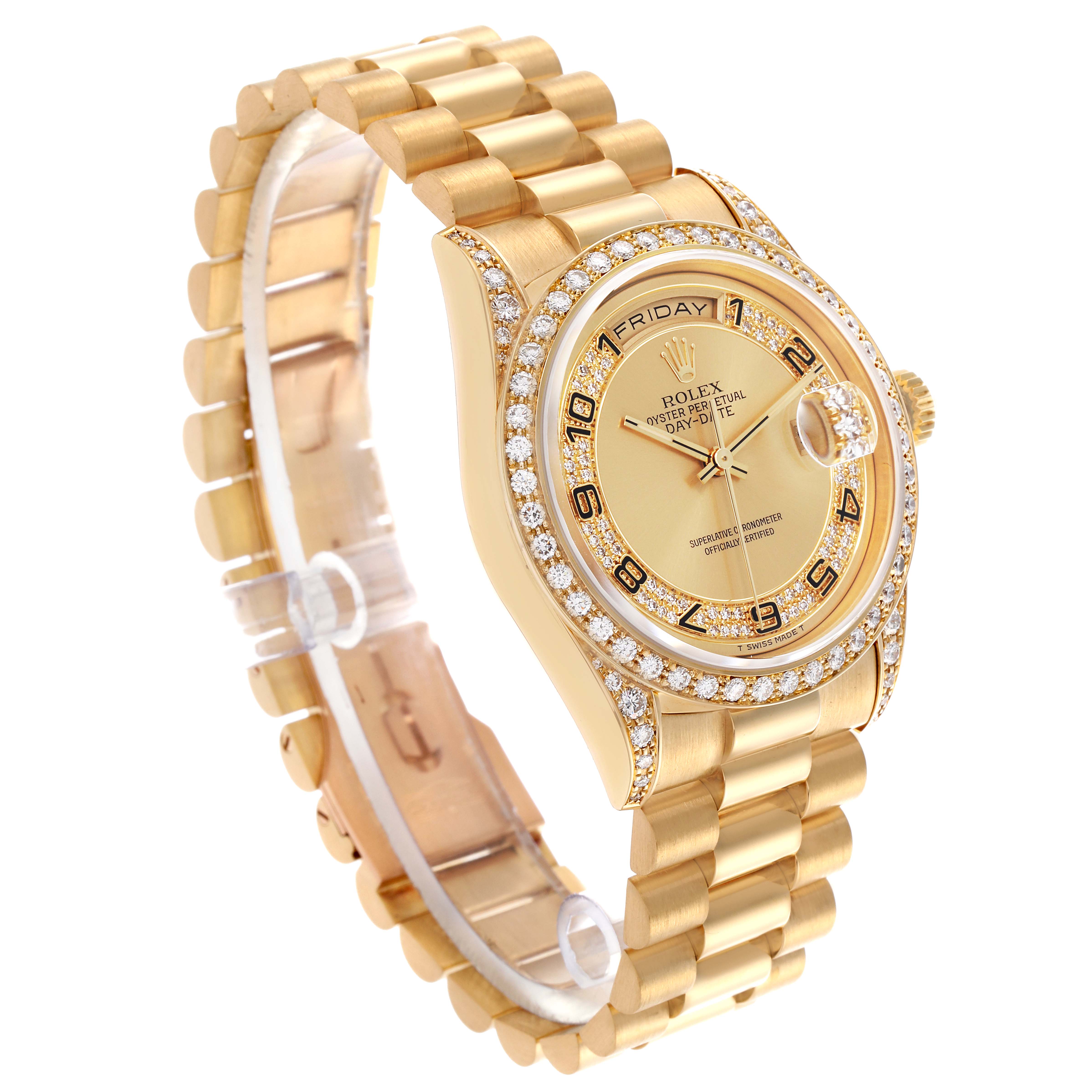 The image shows a Rolex President 18388 Men's Yellow Gold Champagne Dial 18388 Men's Yellow Gold Champagne Dial model from a three-quarter angle, highlighting the bracelet, bezel, and face with diamond accents.