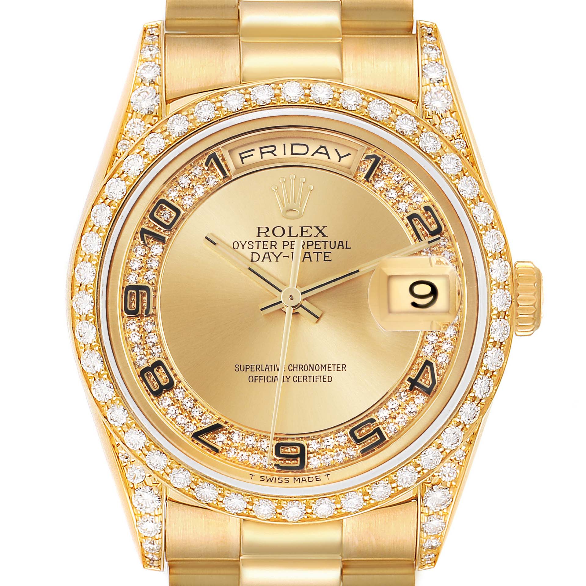 The Rolex President 18388 Men's Yellow Gold Champagne Dial 18388 Men's Yellow Gold Champagne Dial watch is shown from the front, highlighting its gold dial, diamond bezel, and day-date feature.