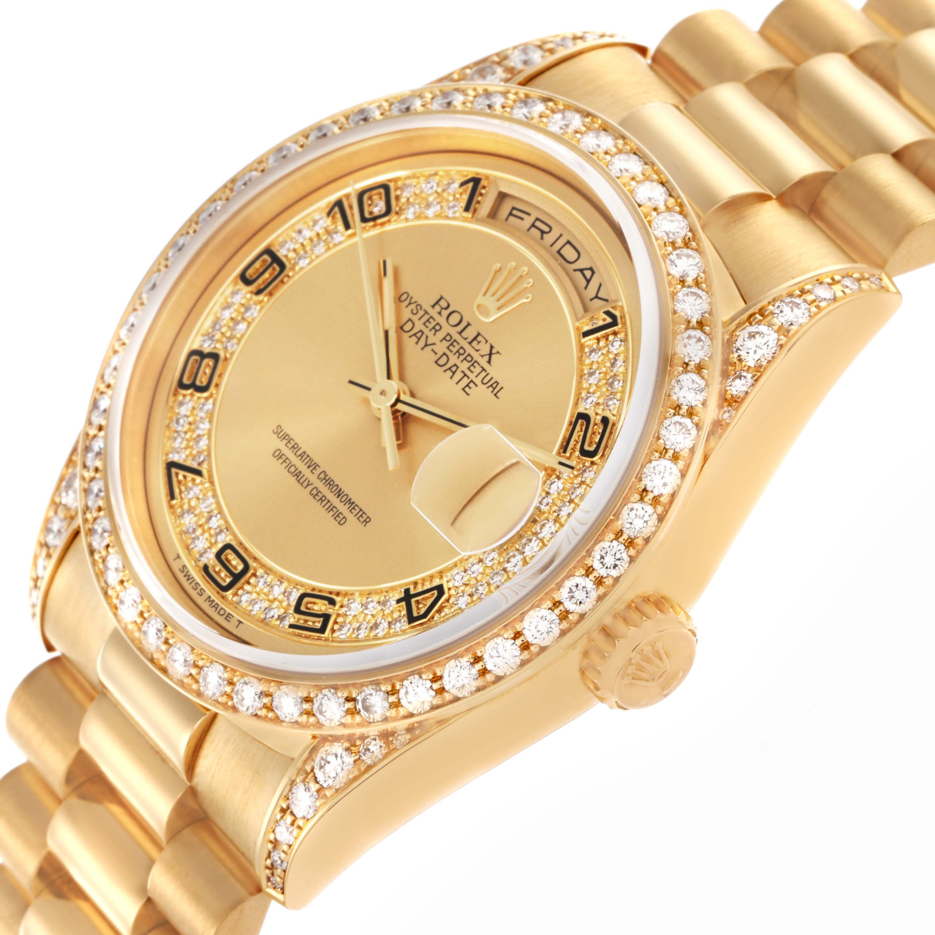 The Rolex President 18388 Men's Yellow Gold Champagne Dial 18388 Men's Yellow Gold Champagne Dial model watch is shown at an angled close-up, highlighting the diamond bezel, dial, and bracelet.