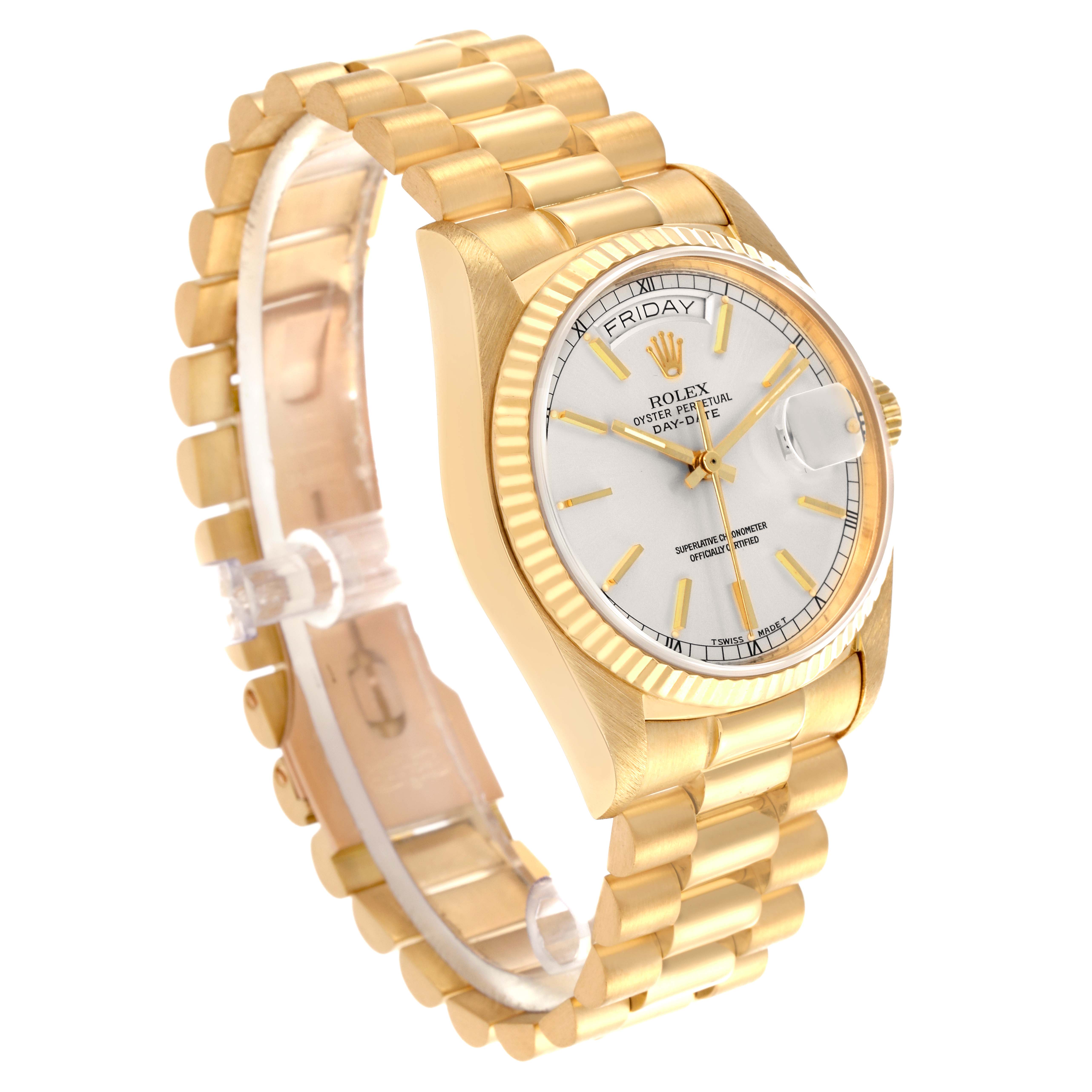 The Rolex President 18038 Men's Yellow Gold Silver Dial 18038 Men's Yellow Gold Silver Dial model watch is shown at a slight angle, highlighting the face, bezel, and bracelet.