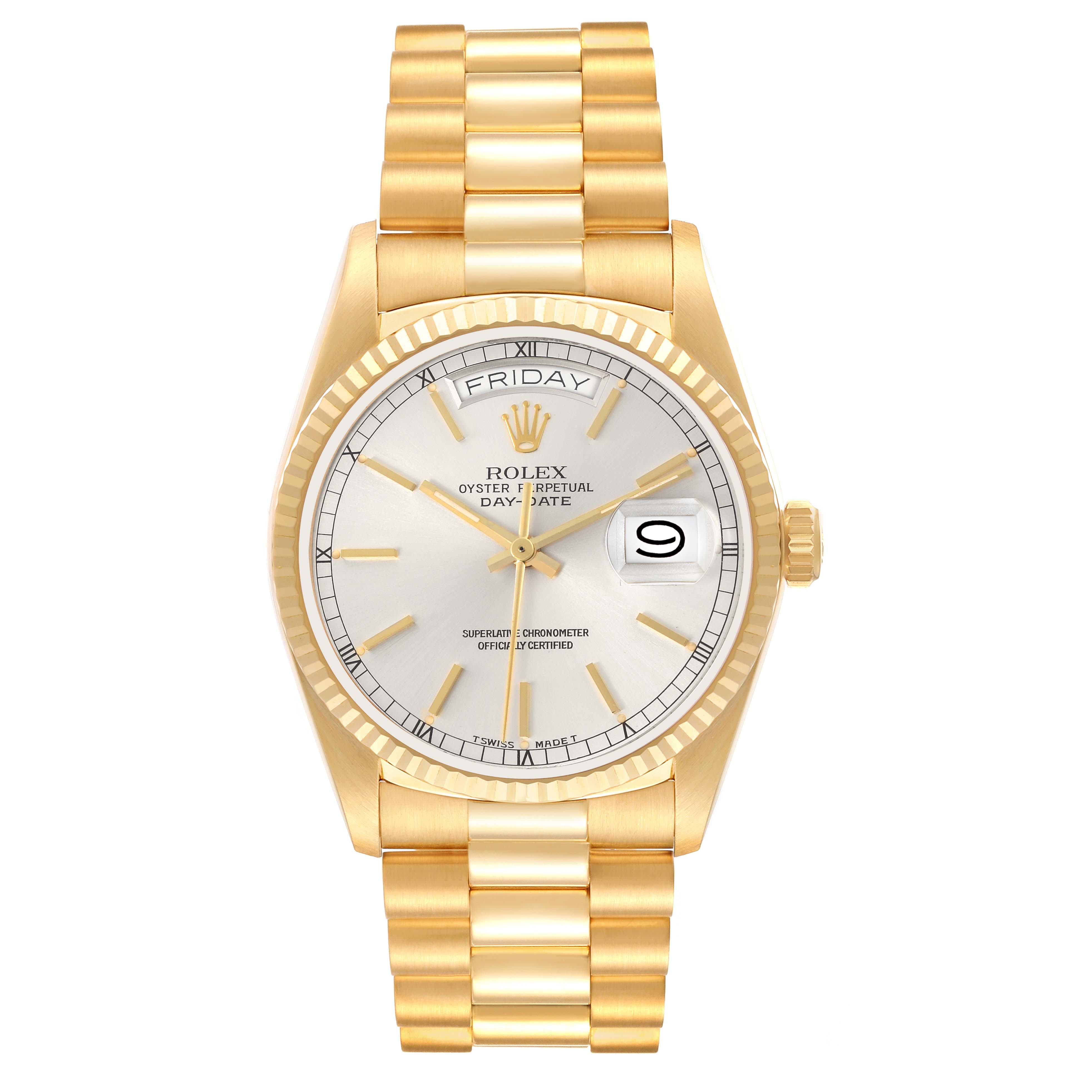 The Rolex President 18038 Men's Yellow Gold Silver Dial 18038 Men's Yellow Gold Silver Dial model is shown from a frontal angle, displaying its dial, bezel, and the full bracelet.