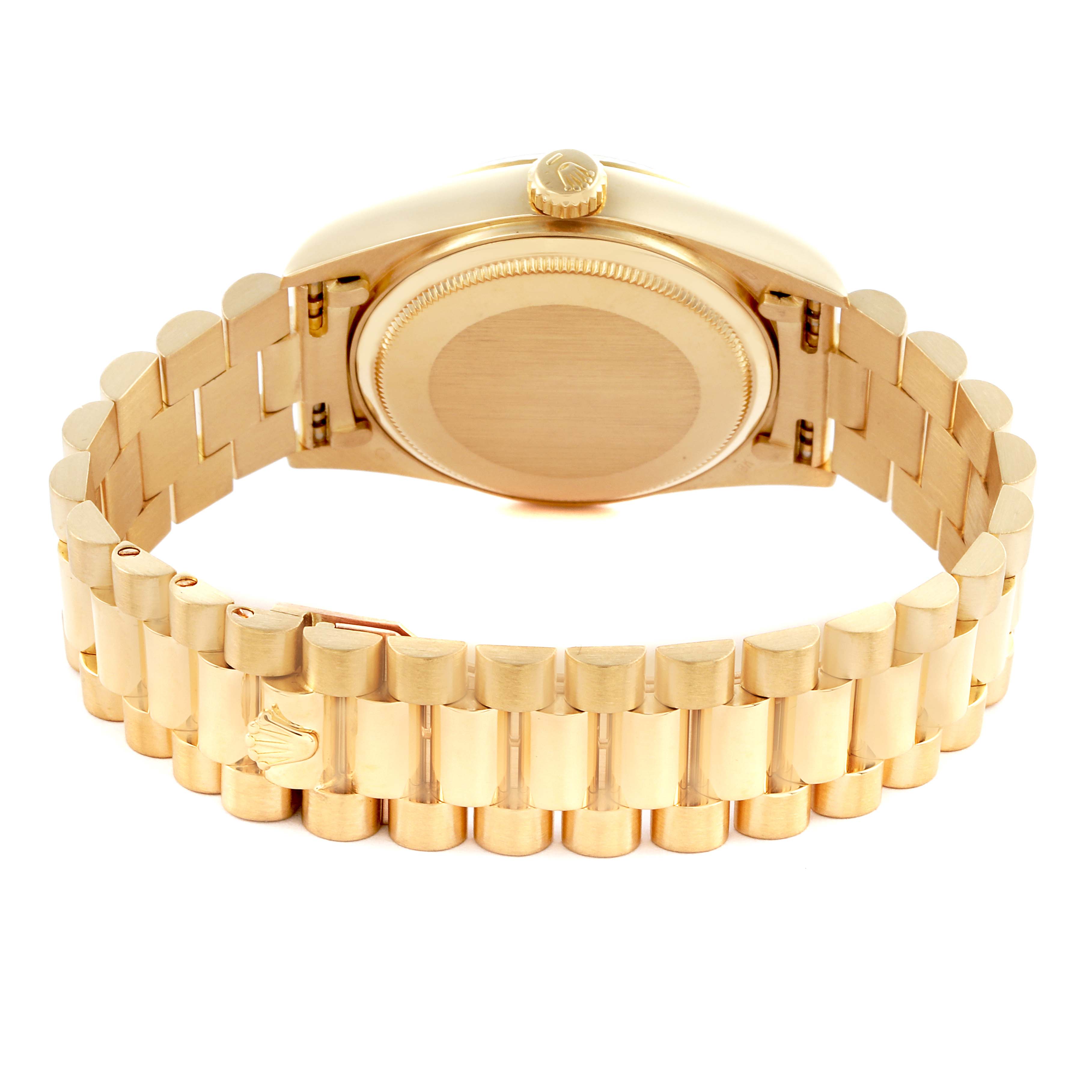 The image shows the Rolex President 18038 Men's Yellow Gold Silver Dial 18038 Men's Yellow Gold Silver Dial model from the back, highlighting the case back, bracelet, and crown.