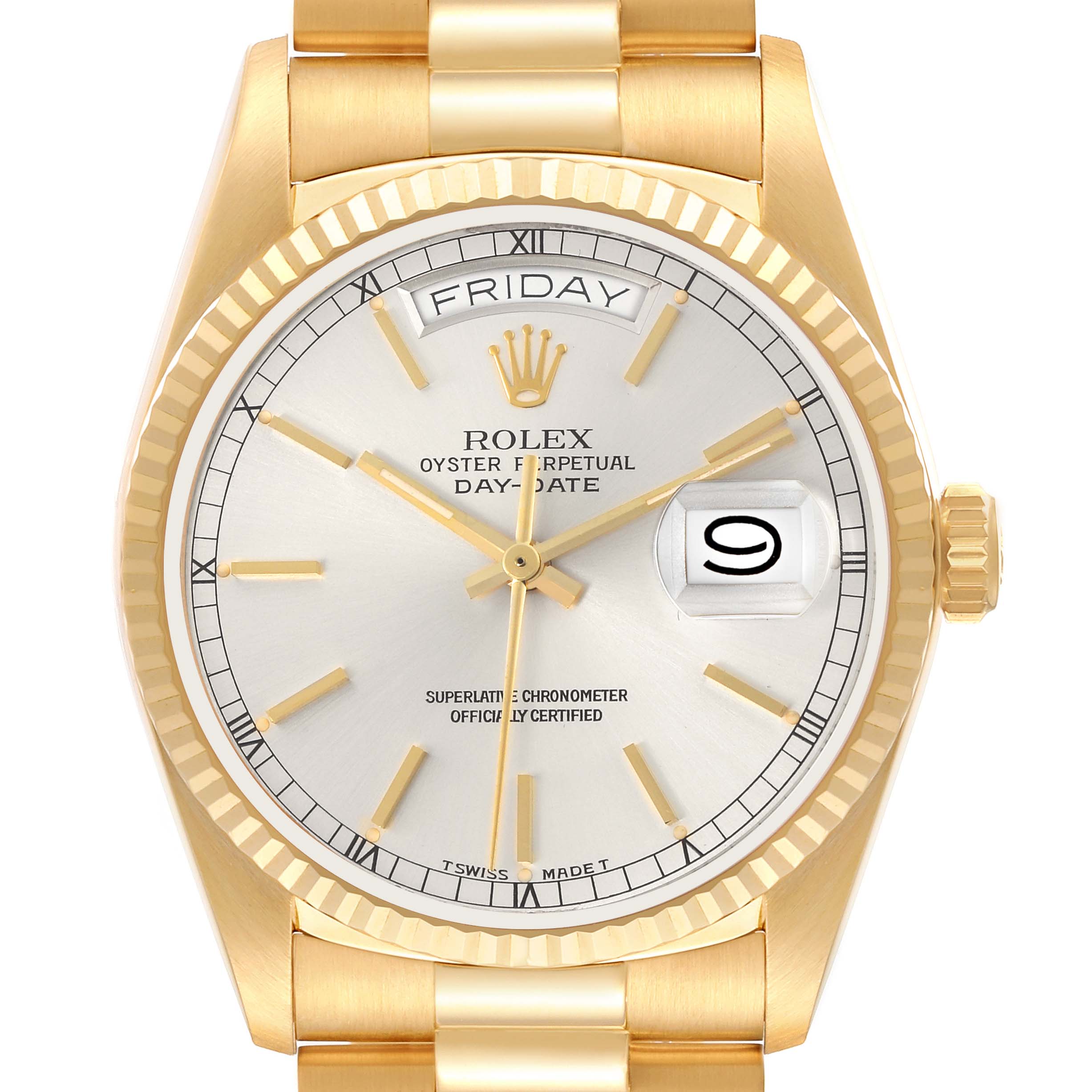 The Rolex President 18038 Men's Yellow Gold Silver Dial 18038 Men's Yellow Gold Silver Dial model is shown from the front, highlighting the dial, fluted bezel, day-date display, and crown.