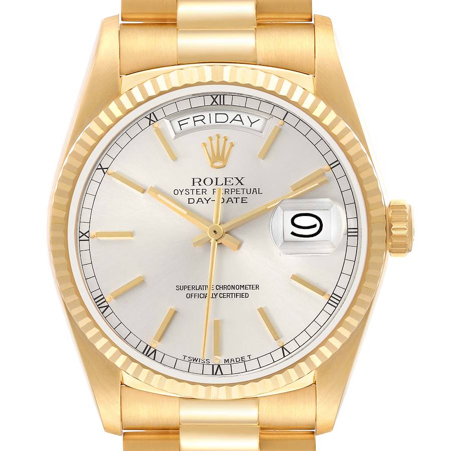 The Rolex President model is shown from the front, highlighting the dial, fluted bezel, day-date display, and crown.