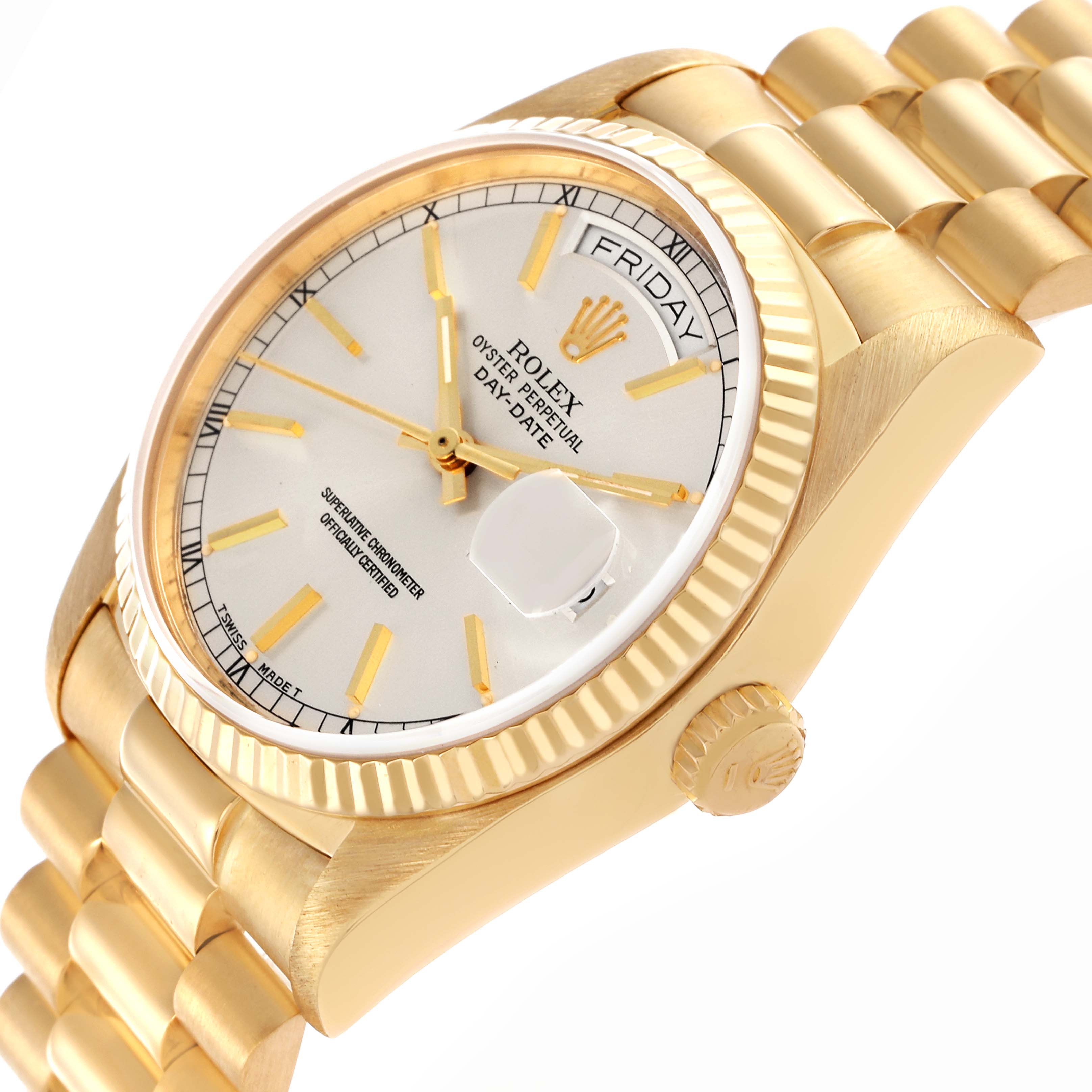 The Rolex President 18038 Men's Yellow Gold Silver Dial 18038 Men's Yellow Gold Silver Dial watch is shown at a side angle, highlighting the case, bezel, crown, dial, and part of the bracelet.