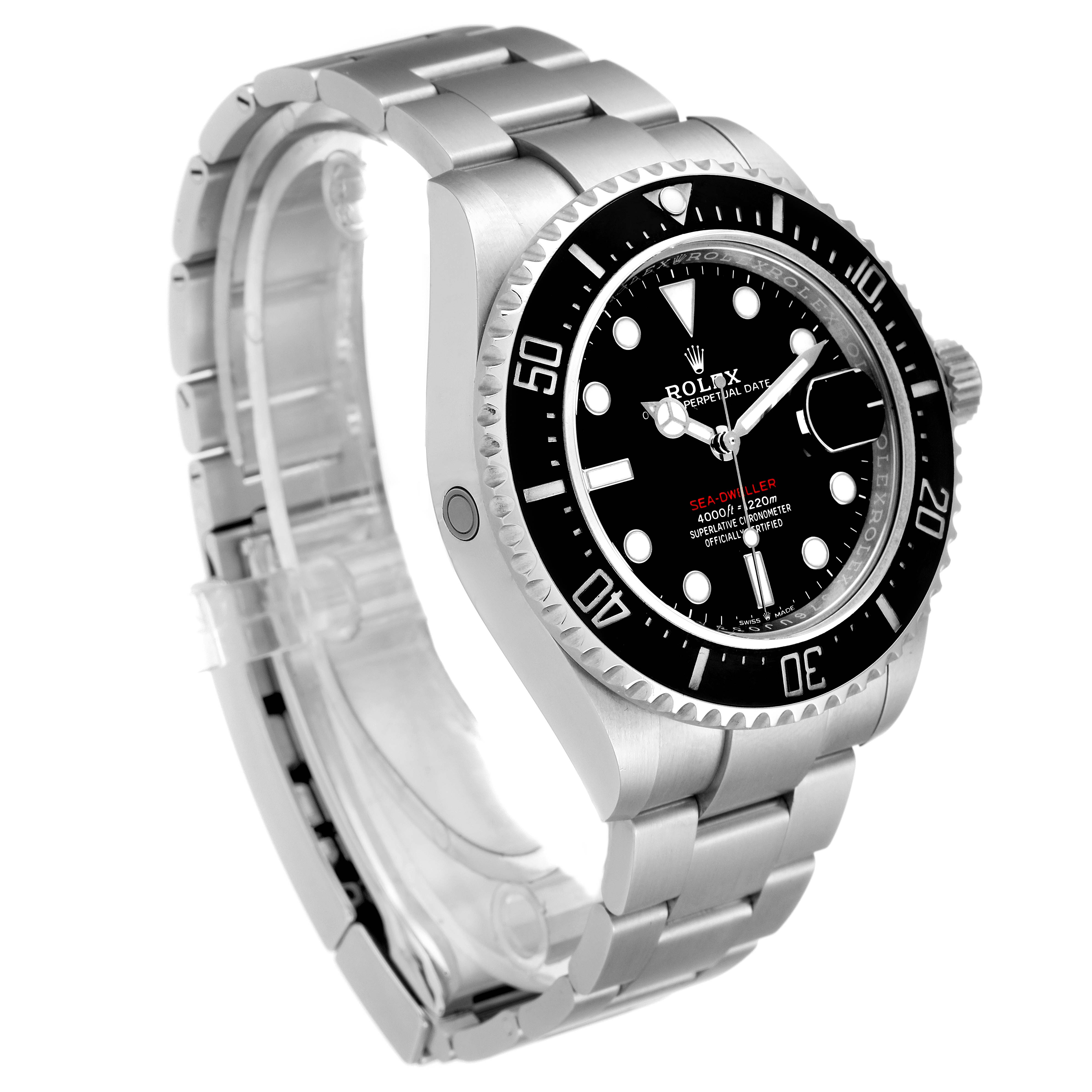 This image shows a Rolex Sea-Dweller 126600 Men
s Stainless Steel Black Dial 126600 Men
s Stainless Steel Black Dial watch at a three-quarter angle, highlighting the face, bezel, and metal bracelet.