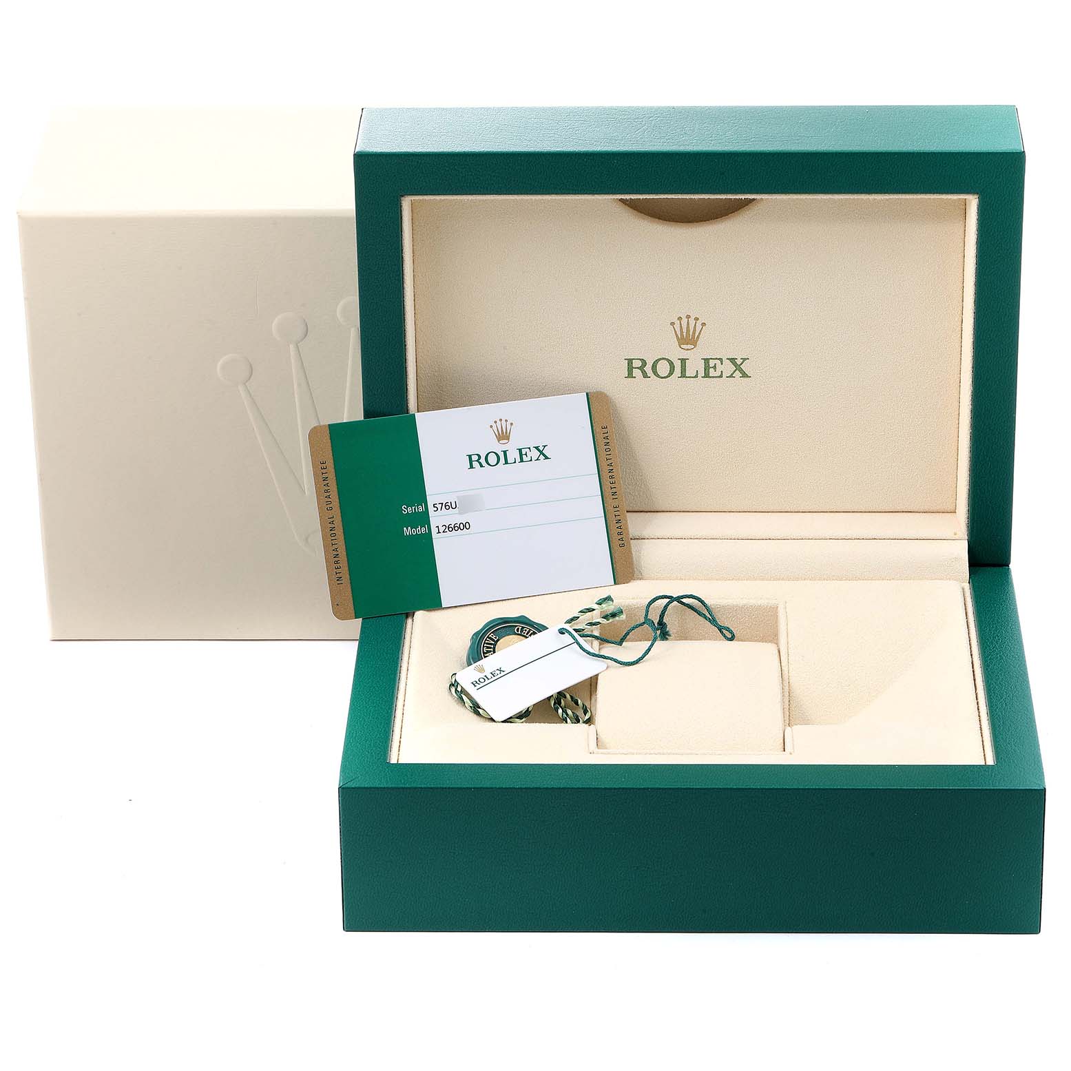 The image shows the open box and accessories for a Rolex Sea-Dweller 126600 Men
s Stainless Steel Black Dial 126600 Men
s Stainless Steel Black Dial watch, including the Best Quality
ation card.