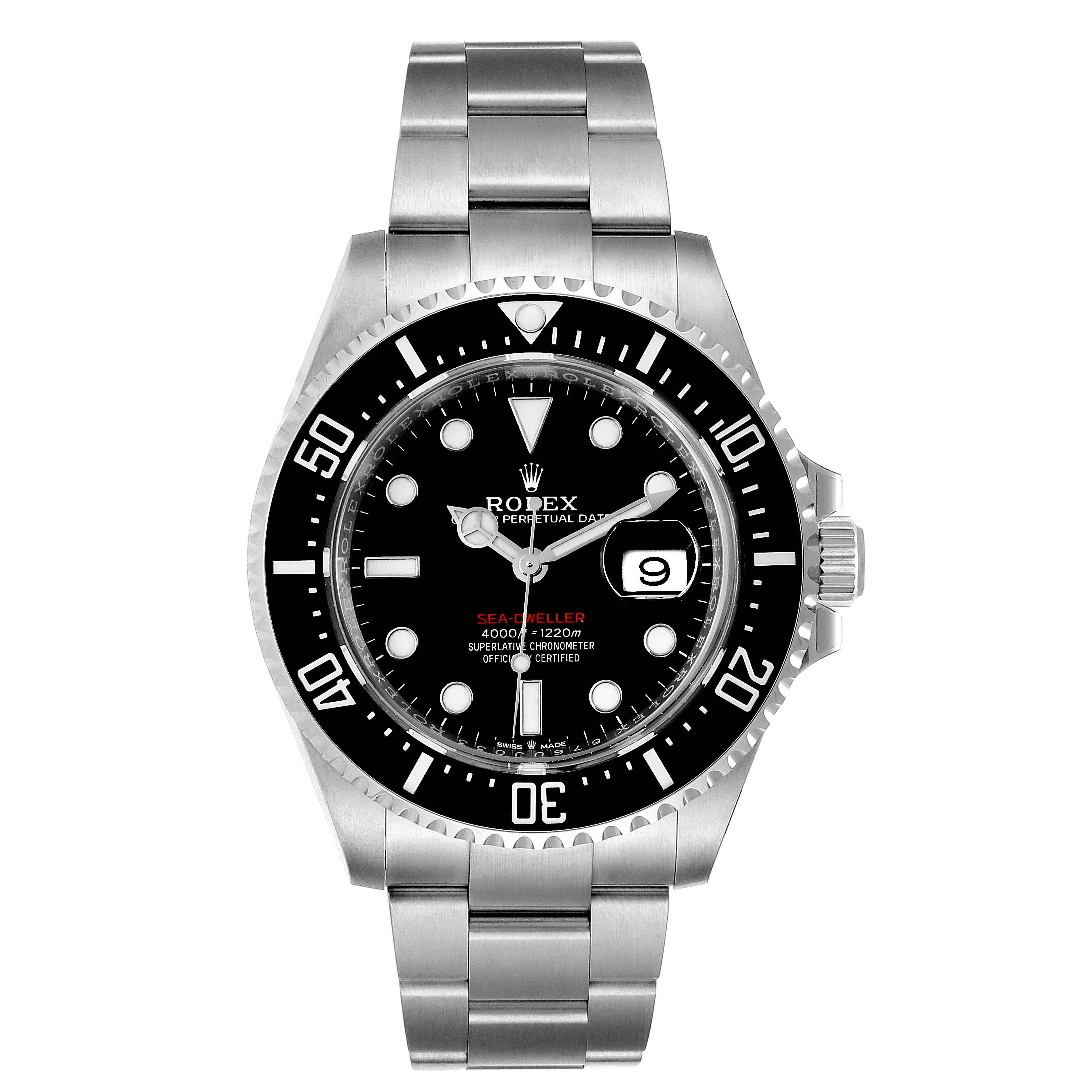 This Rolex Sea-Dweller 126600 Men
s Stainless Steel Black Dial 126600 Men
s Stainless Steel Black Dial watch is shown from a front angle, highlighting its black dial, bezel, and metal bracelet.