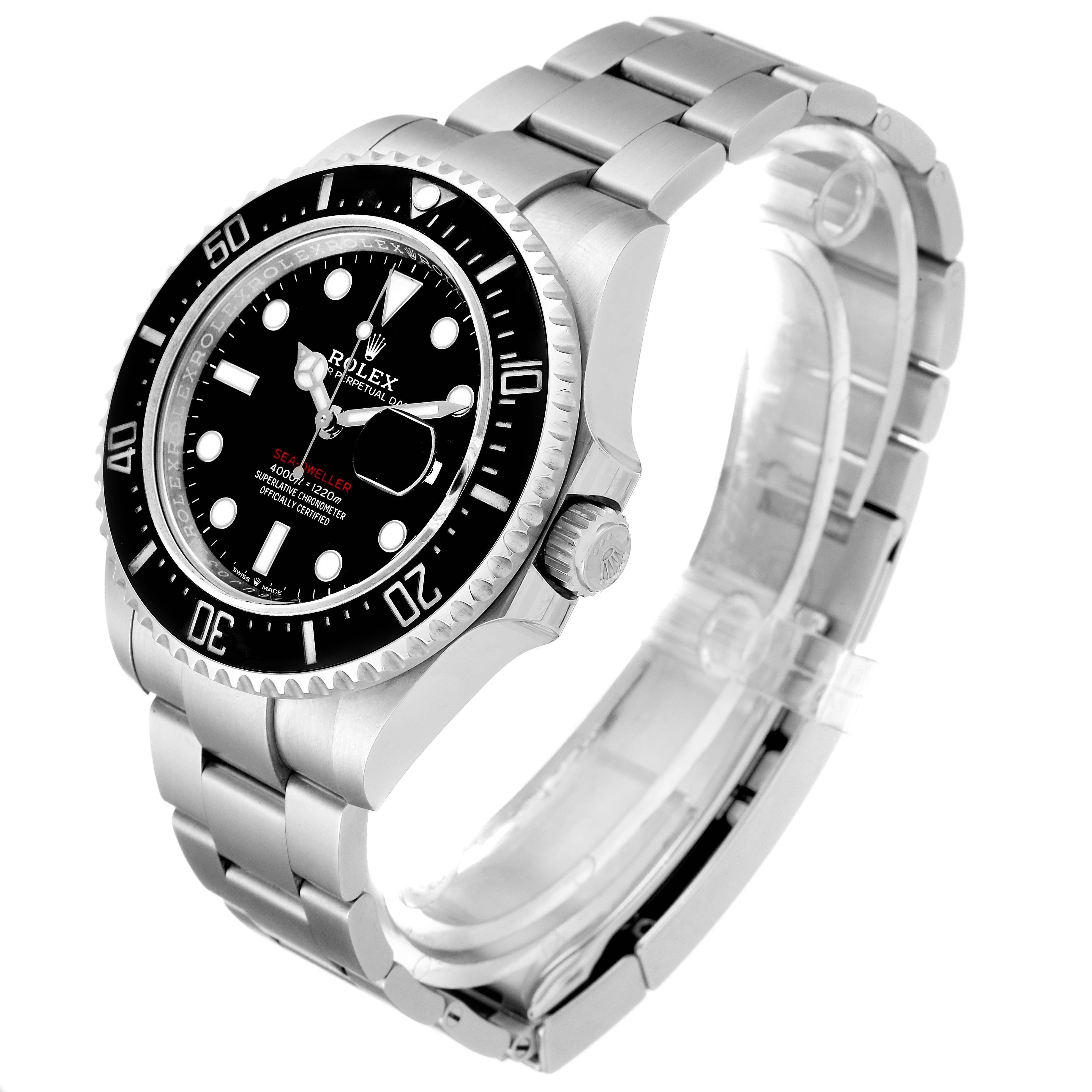 The Rolex Sea-Dweller 126600 Men
s Stainless Steel Black Dial 126600 Men
s Stainless Steel Black Dial watch is shown at a three-quarter angle, displaying the bracelet, bezel, dial, and crown.