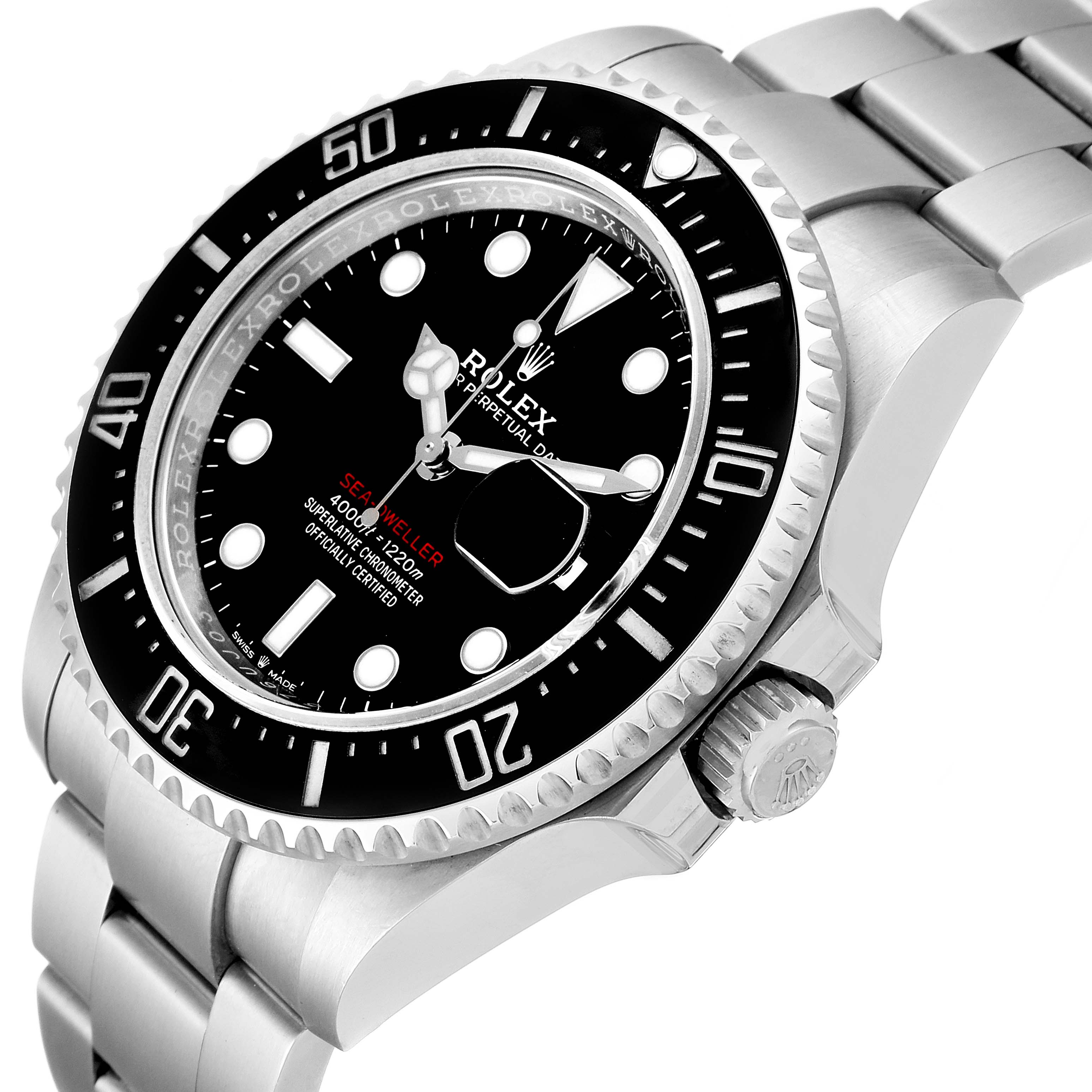 The image shows a side and partial front view of a Rolex Sea-Dweller 126600 Men
s Stainless Steel Black Dial 126600 Men
s Stainless Steel Black Dial watch including its bezel, dial, and crown.