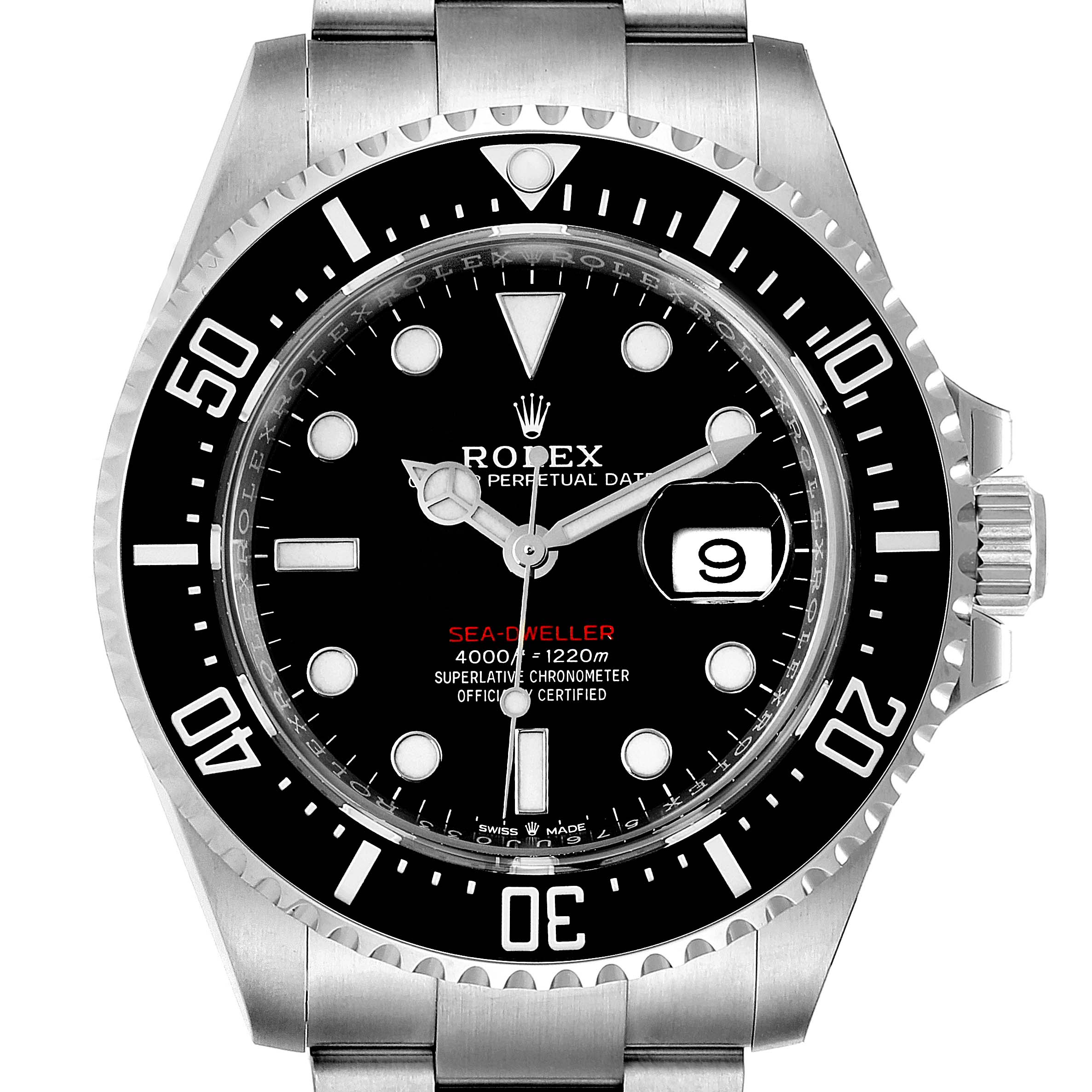 The image shows a front view of a Rolex Sea-Dweller 126600 Men
s Stainless Steel Black Dial 126600 Men
s Stainless Steel Black Dial watch, highlighting the bezel, dial, hands, and date window.
