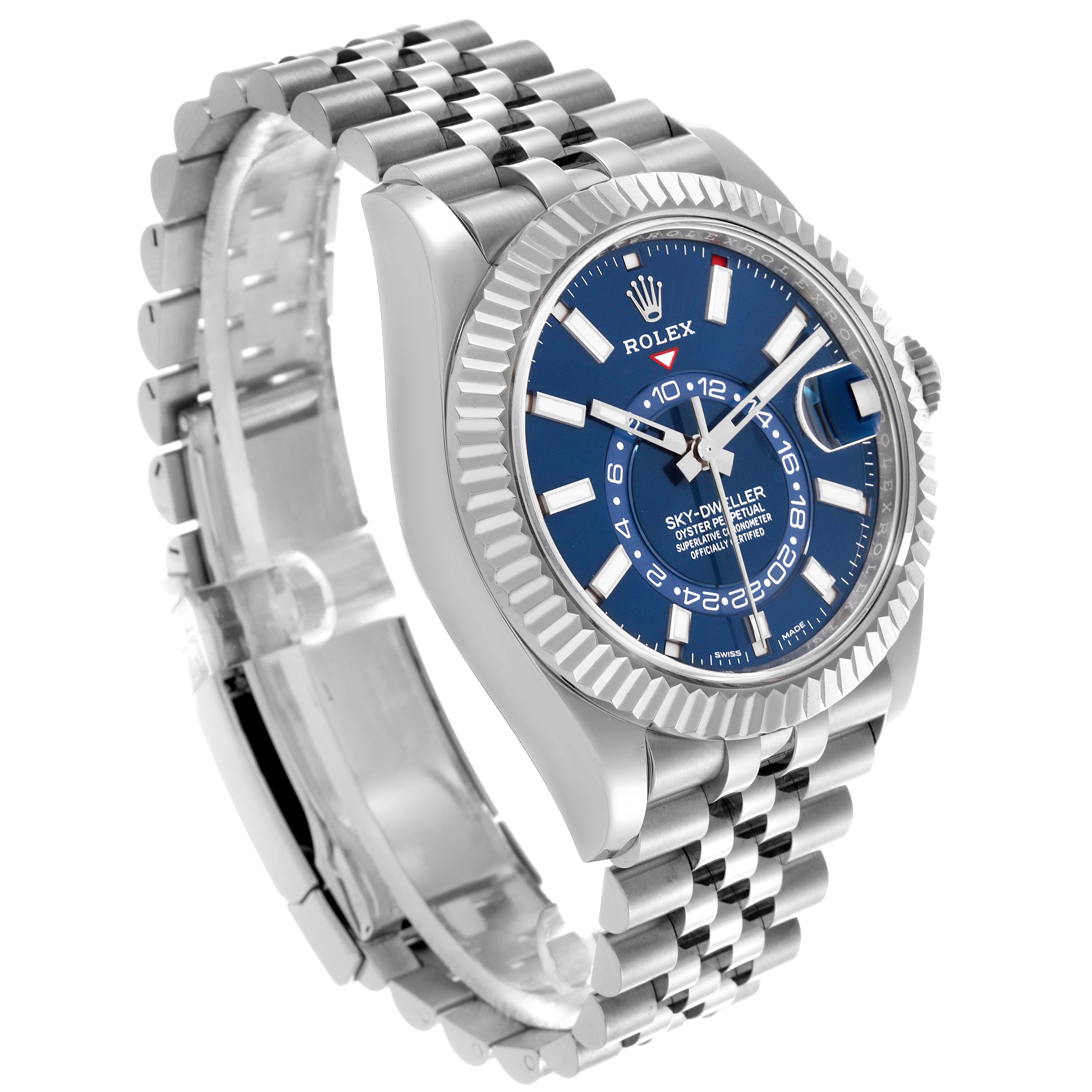 The Rolex Sky-Dweller 326934 Men's Stainless Steel Blue Dial 326934 Men's Stainless Steel Blue Dial watch is shown at a three-quarter angle highlighting the face, bezel, and bracelet.