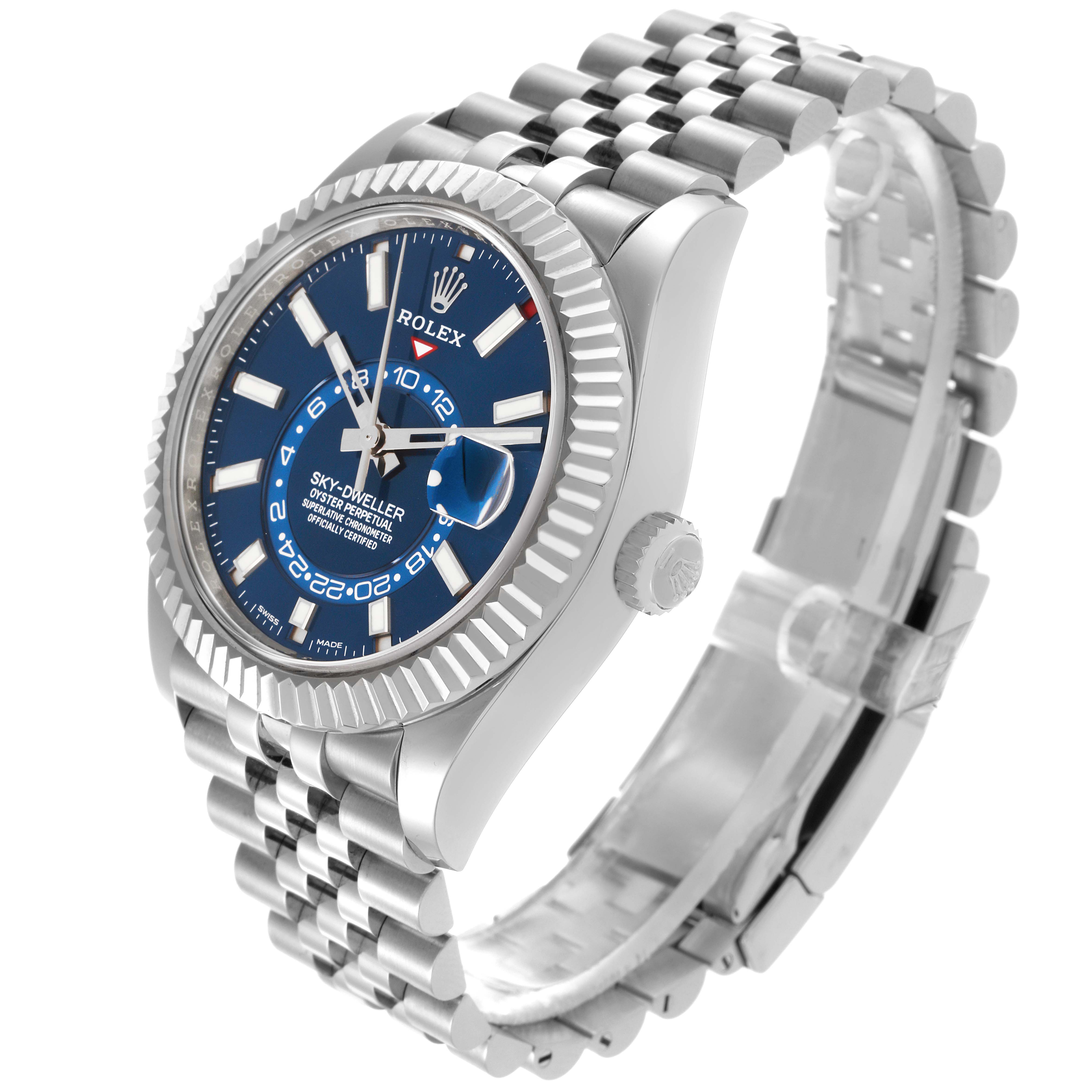 The Rolex Sky-Dweller 326934 Men's Stainless Steel Blue Dial 326934 Men's Stainless Steel Blue Dial watch is shown in a three-quarter angle, displaying its blue dial, fluted bezel, and jubilee bracelet.