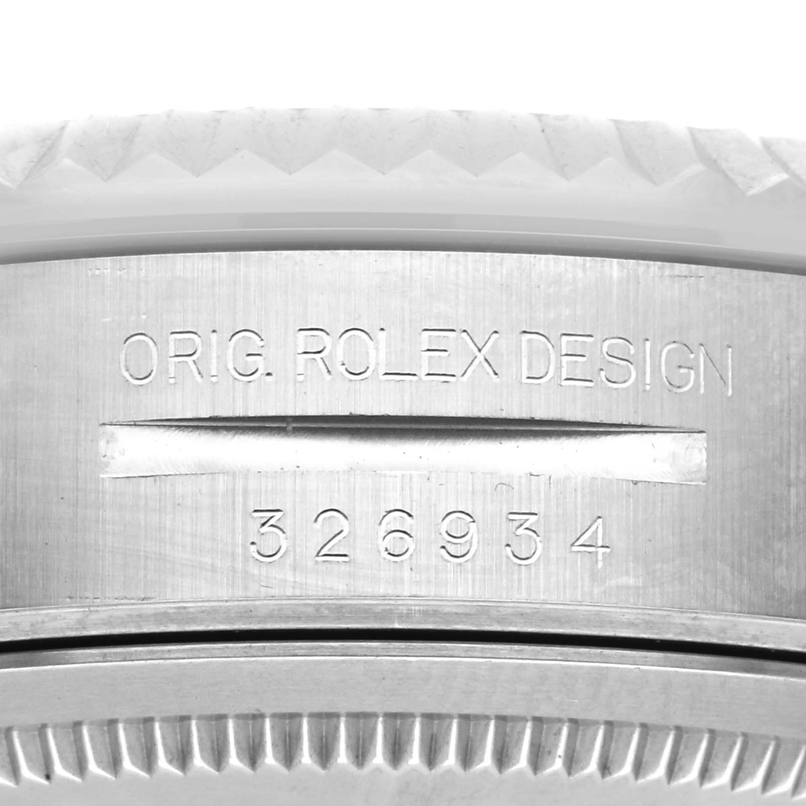 The image shows a close-up of the case side, highlighting the model number engraving on the Rolex Sky-Dweller 326934 Men's Stainless Steel Blue Dial 326934 Men's Stainless Steel Blue Dial.
