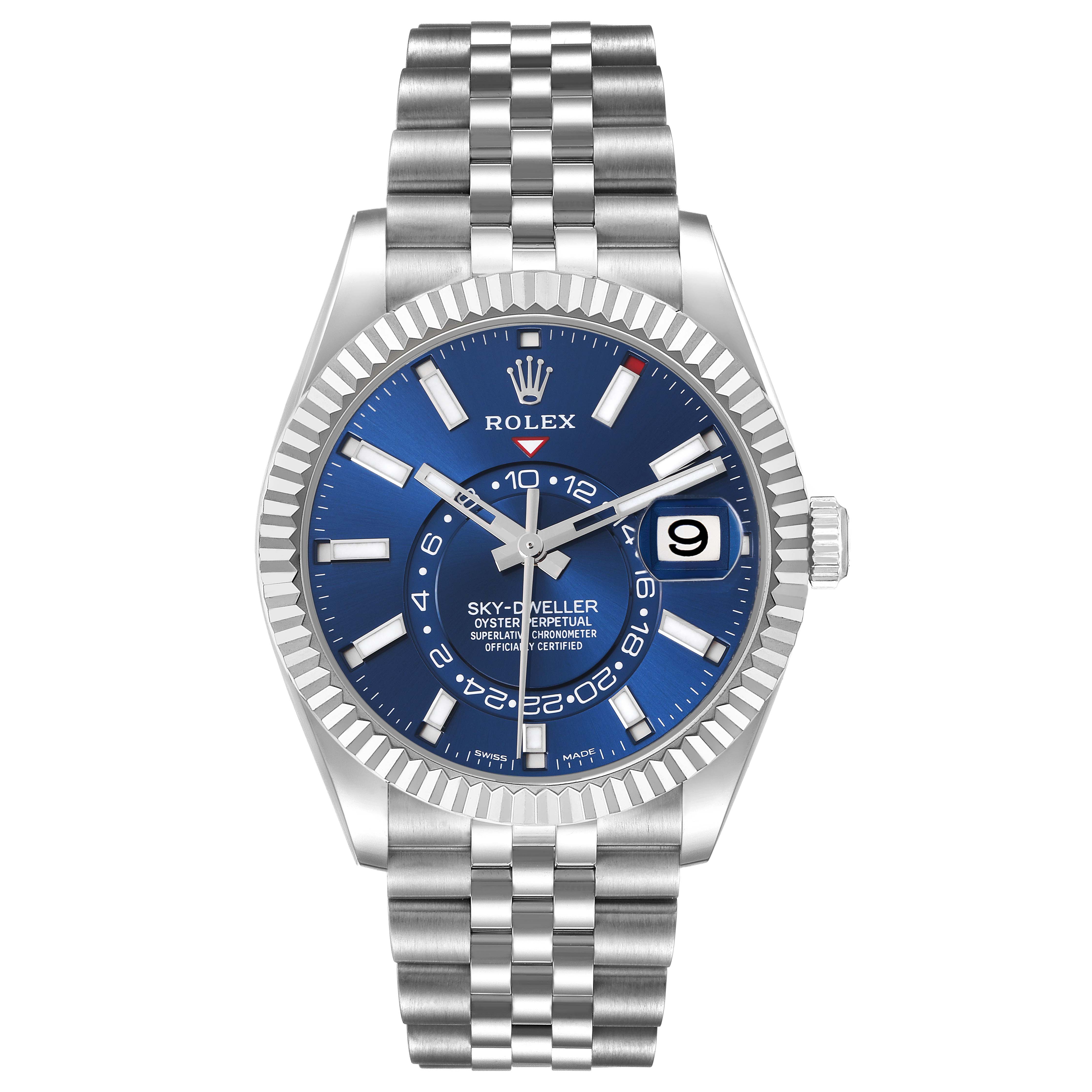 The Rolex Sky-Dweller 326934 Men's Stainless Steel Blue Dial 326934 Men's Stainless Steel Blue Dial is shown from a front angle, displaying the blue dial, fluted bezel, and Jubilee bracelet.