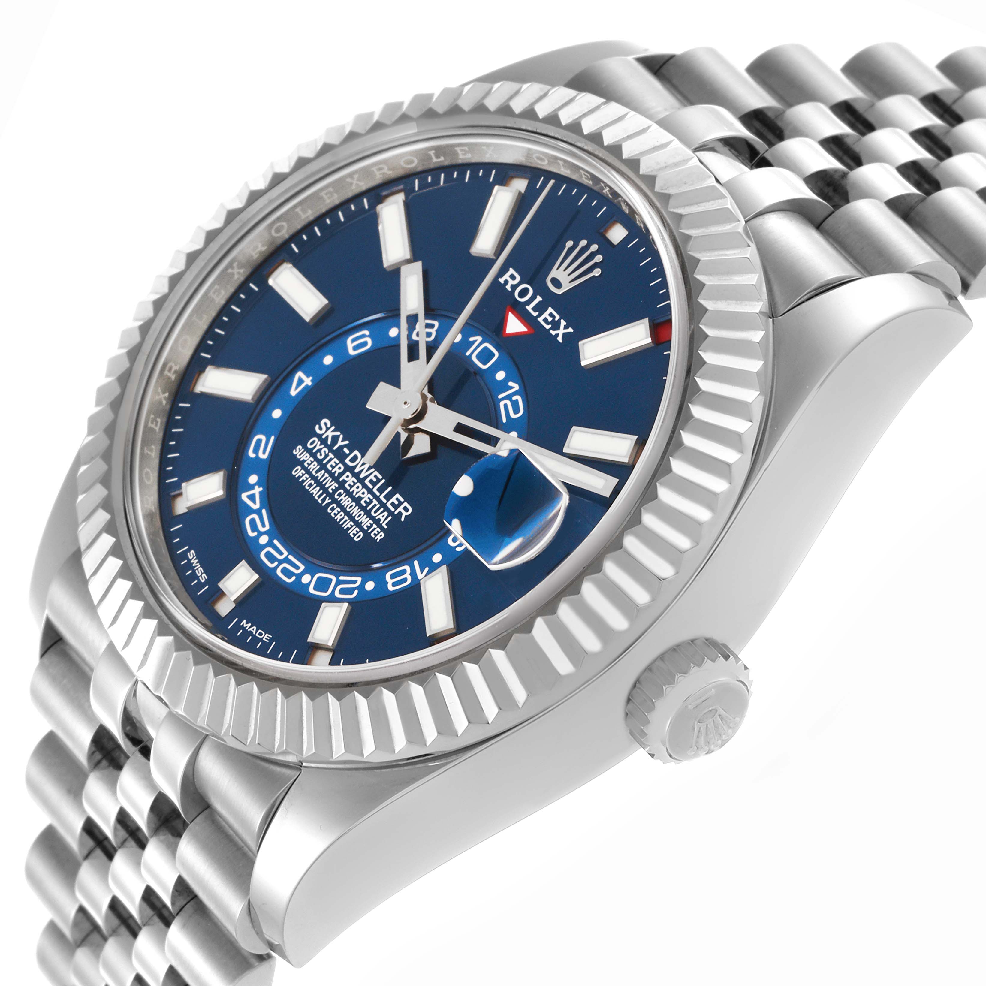 The Rolex Sky-Dweller 326934 Men's Stainless Steel Blue Dial 326934 Men's Stainless Steel Blue Dial watch is shown at a tilted angle, highlighting the bezel, dial, and bracelet.