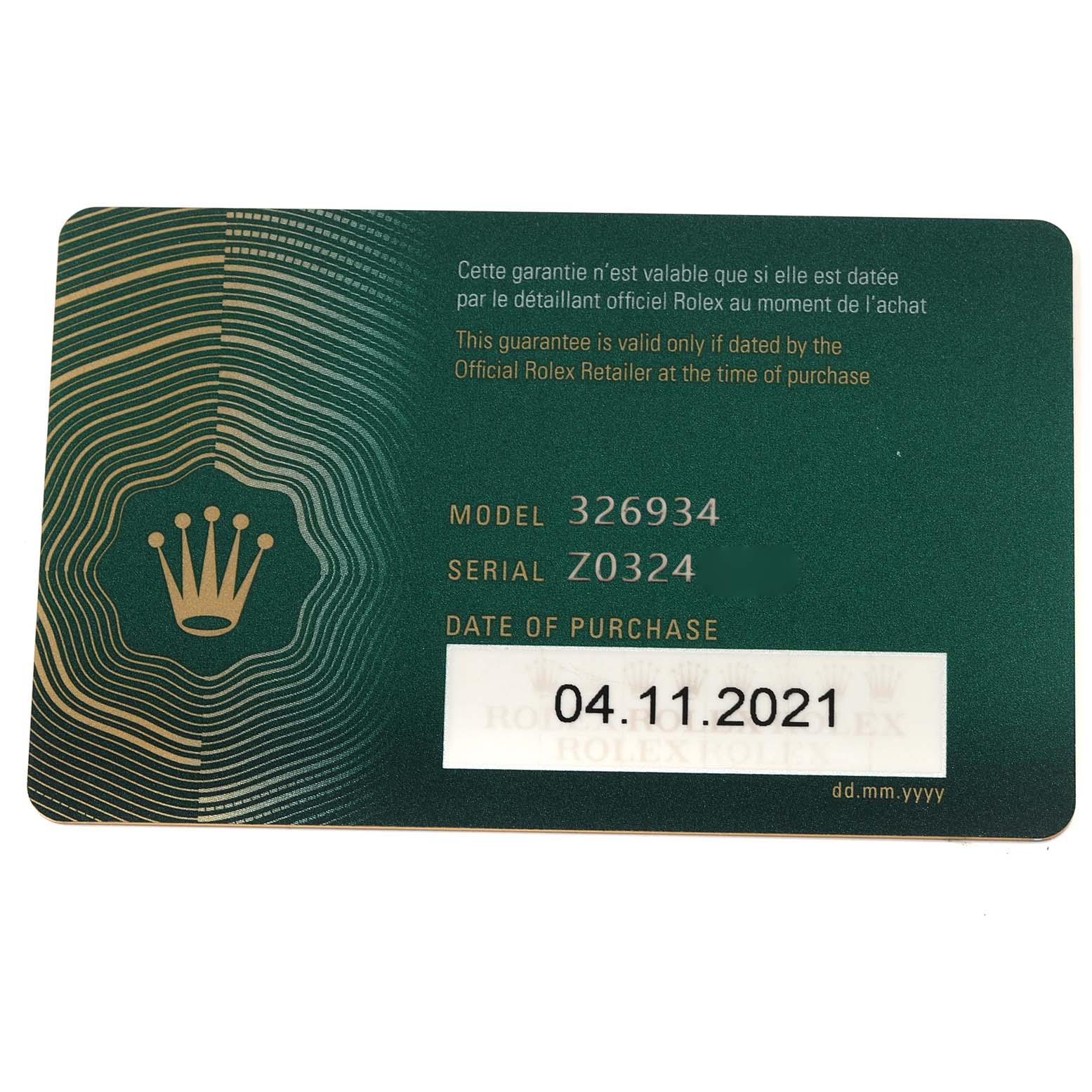 This image shows a warranty card for the Rolex Sky-Dweller 326934 Men's Stainless Steel Blue Dial 326934 Men's Stainless Steel Blue Dial, displaying model, serial number, and purchase date.