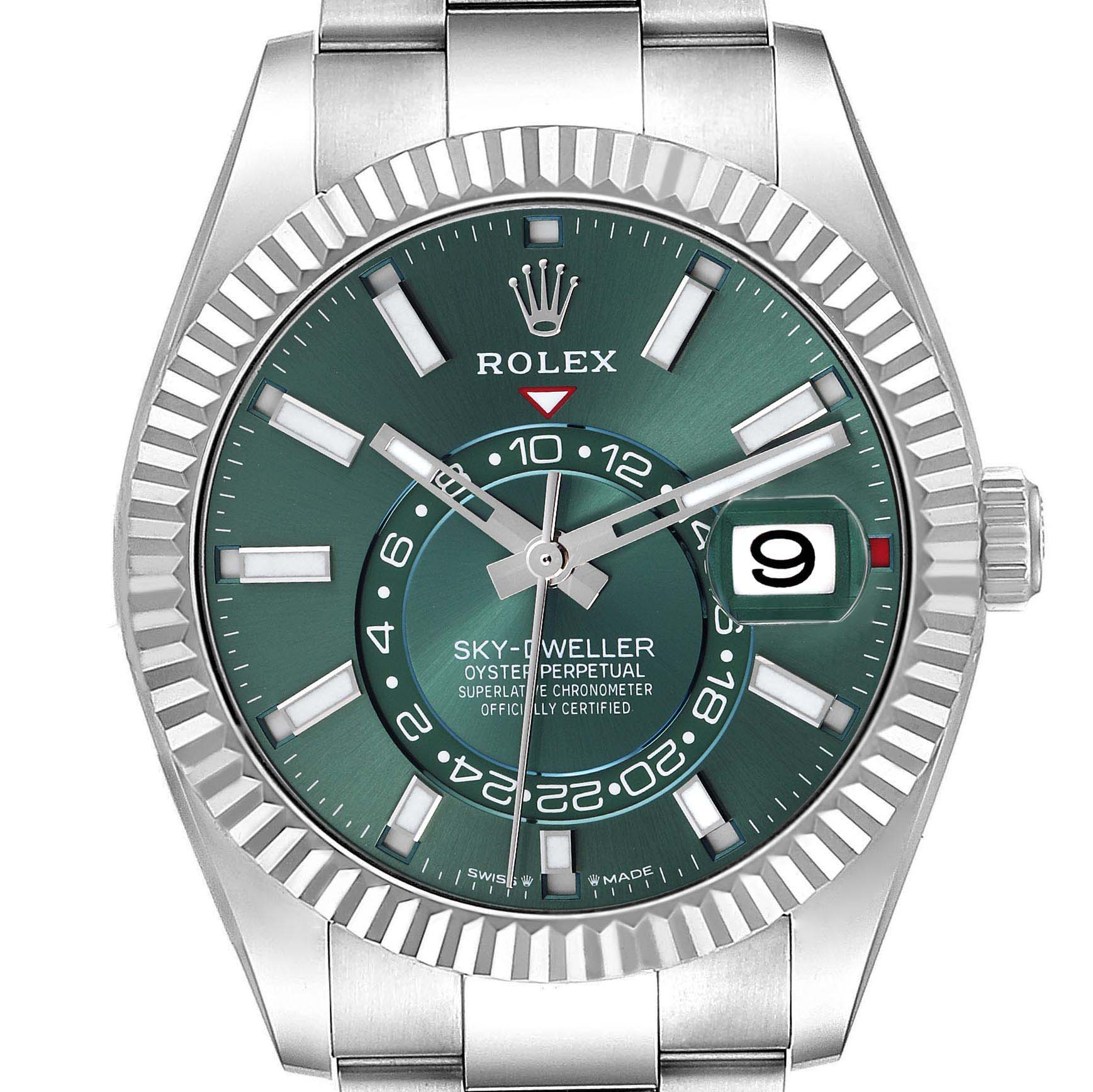 The Rolex Sky-Dweller 336934 Men's Stainless Steel Green Dial 336934 Men's Stainless Steel Green Dial watch is shown from the front, displaying the green dial, bezel, date, and bracelet.