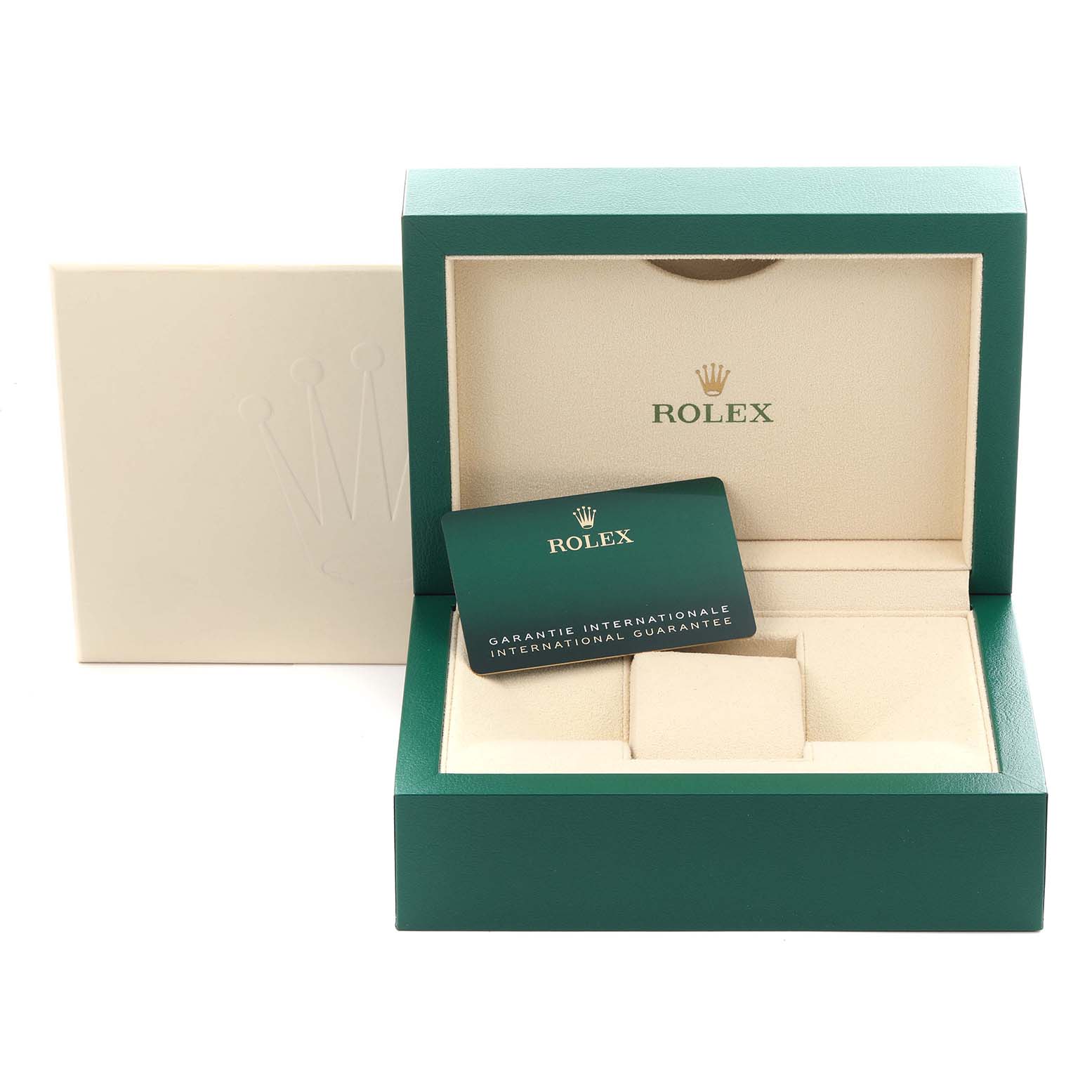 The image shows the Rolex Sky-Dweller 336934 Men's Stainless Steel Green Dial 336934 Men's Stainless Steel Green Dial watch box open with an international guarantee card inside.