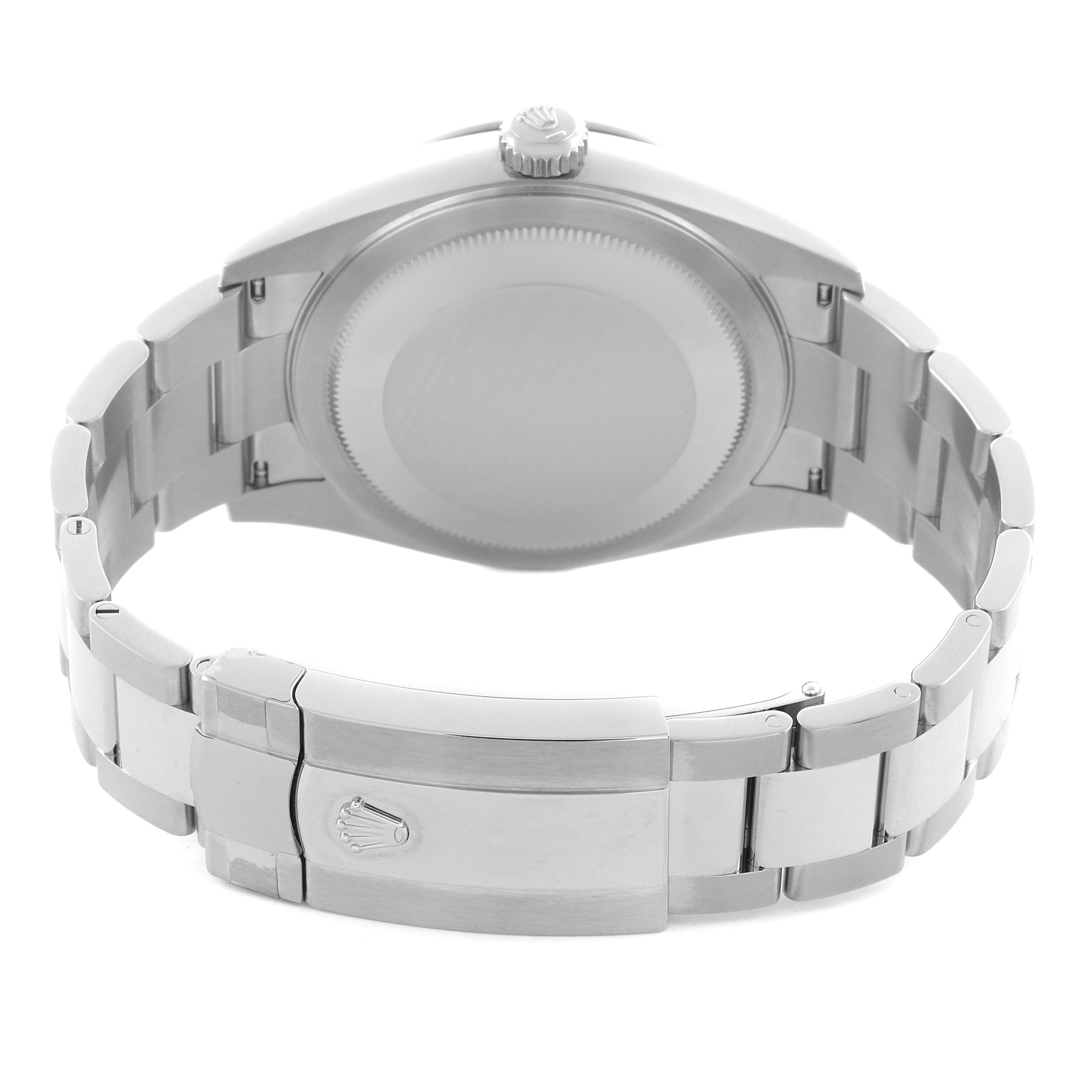 The image shows the back view of a Rolex Sky-Dweller 336934 Men's Stainless Steel Green Dial 336934 Men's Stainless Steel Green Dial, highlighting the case back, bracelet, and clasp.