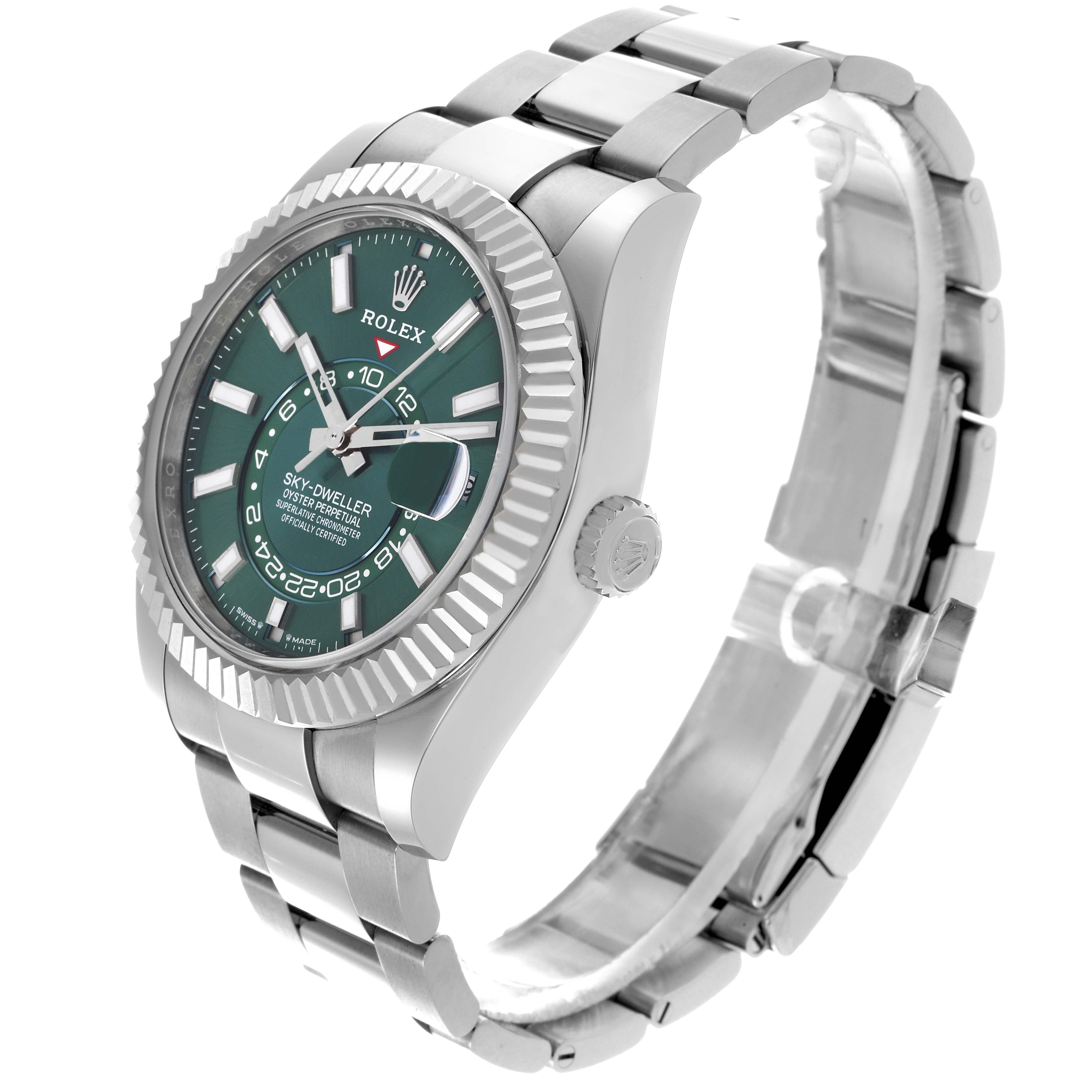 The Rolex Sky-Dweller 336934 Men's Stainless Steel Green Dial 336934 Men's Stainless Steel Green Dial is shown at a three-quarter angle displaying the dial, bezel, crown, and bracelet.