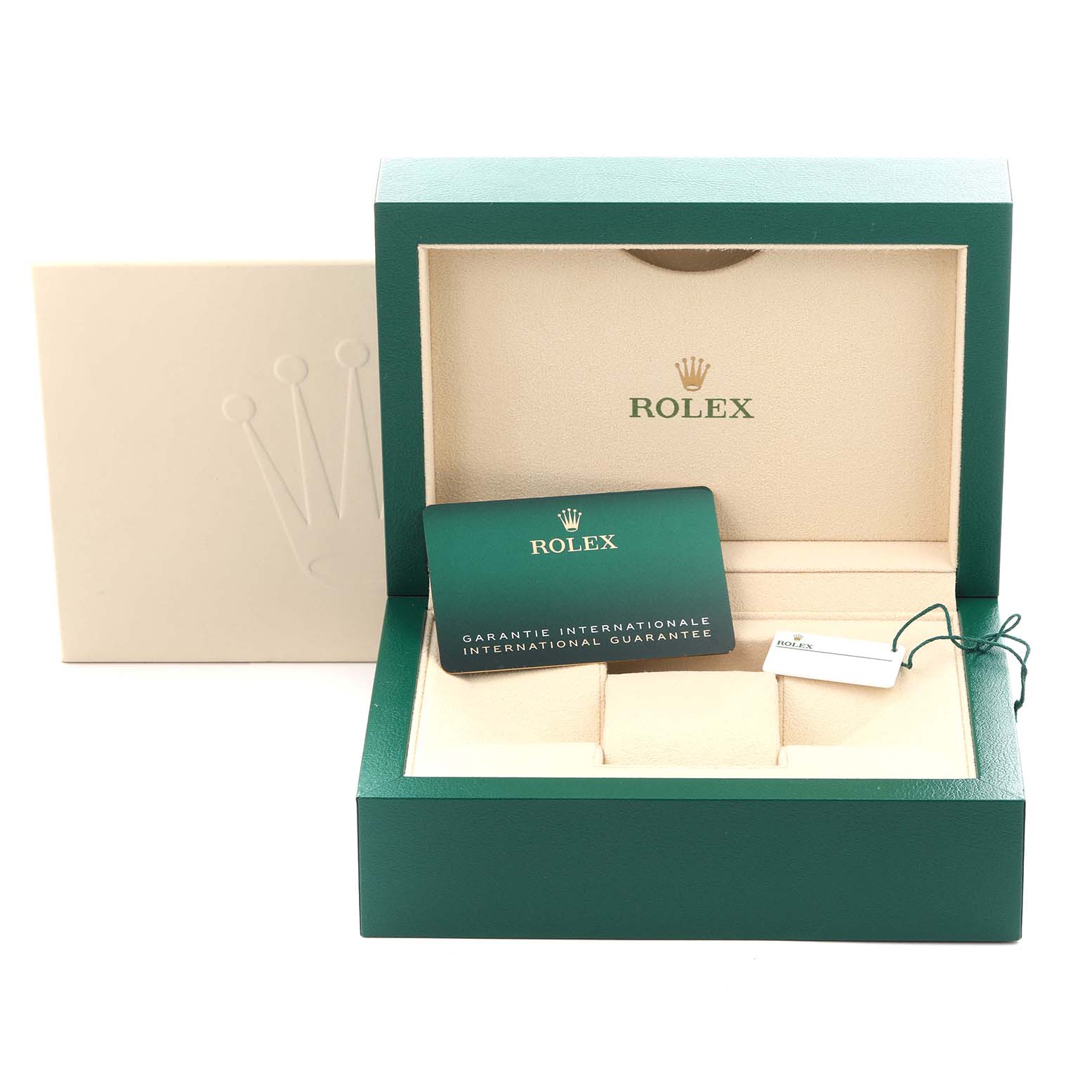 The image shows a Rolex Sky-Dweller 336934 Men's Stainless Steel Green Dial 336934 Men's Stainless Steel Green Dial watch box, guarantee card, and tag, viewed from the front.