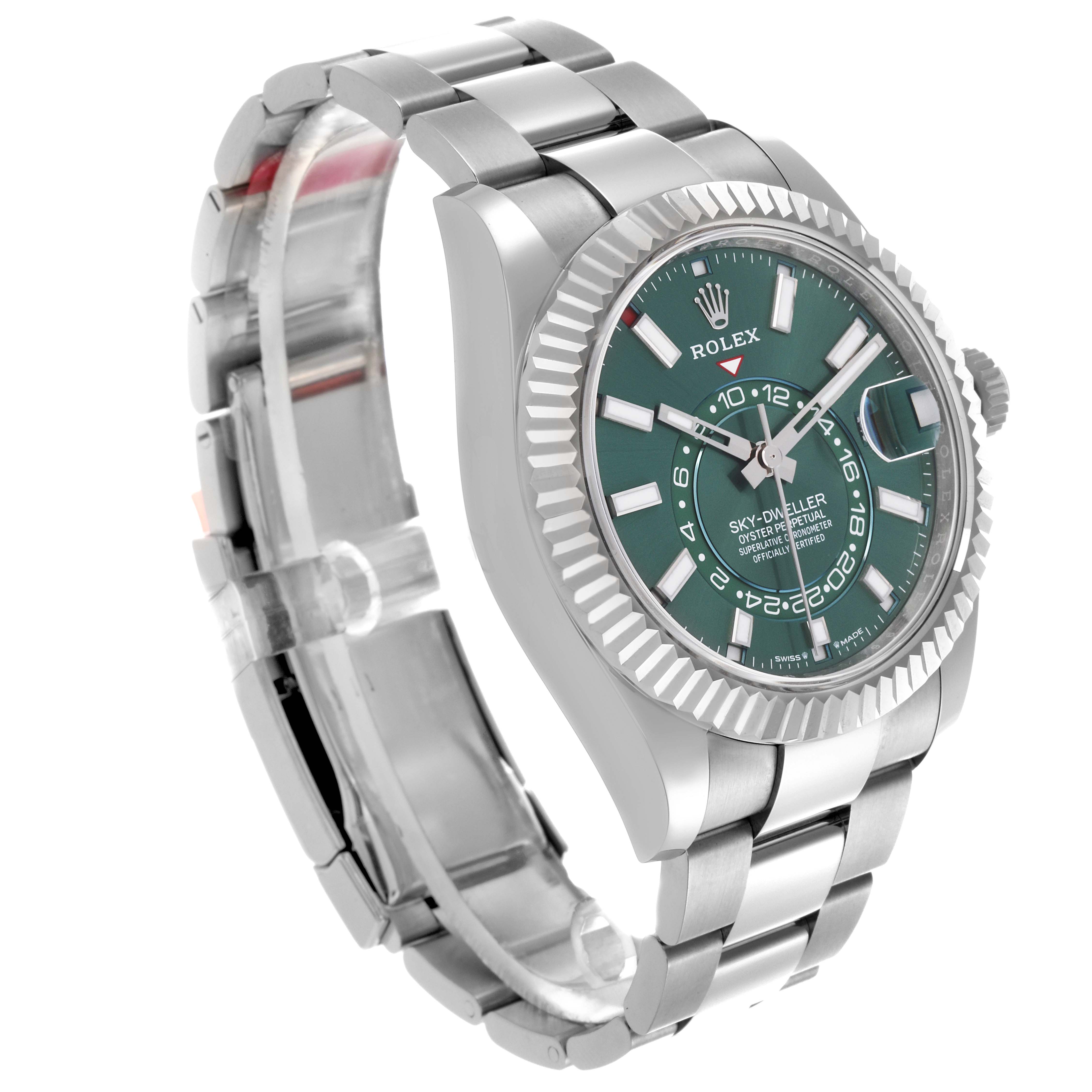 The Rolex Sky-Dweller 336934 Men's Stainless Steel Green Dial 336934 Men's Stainless Steel Green Dial is shown at a slight angle, highlighting the face, bezel, and bracelet clearly.
