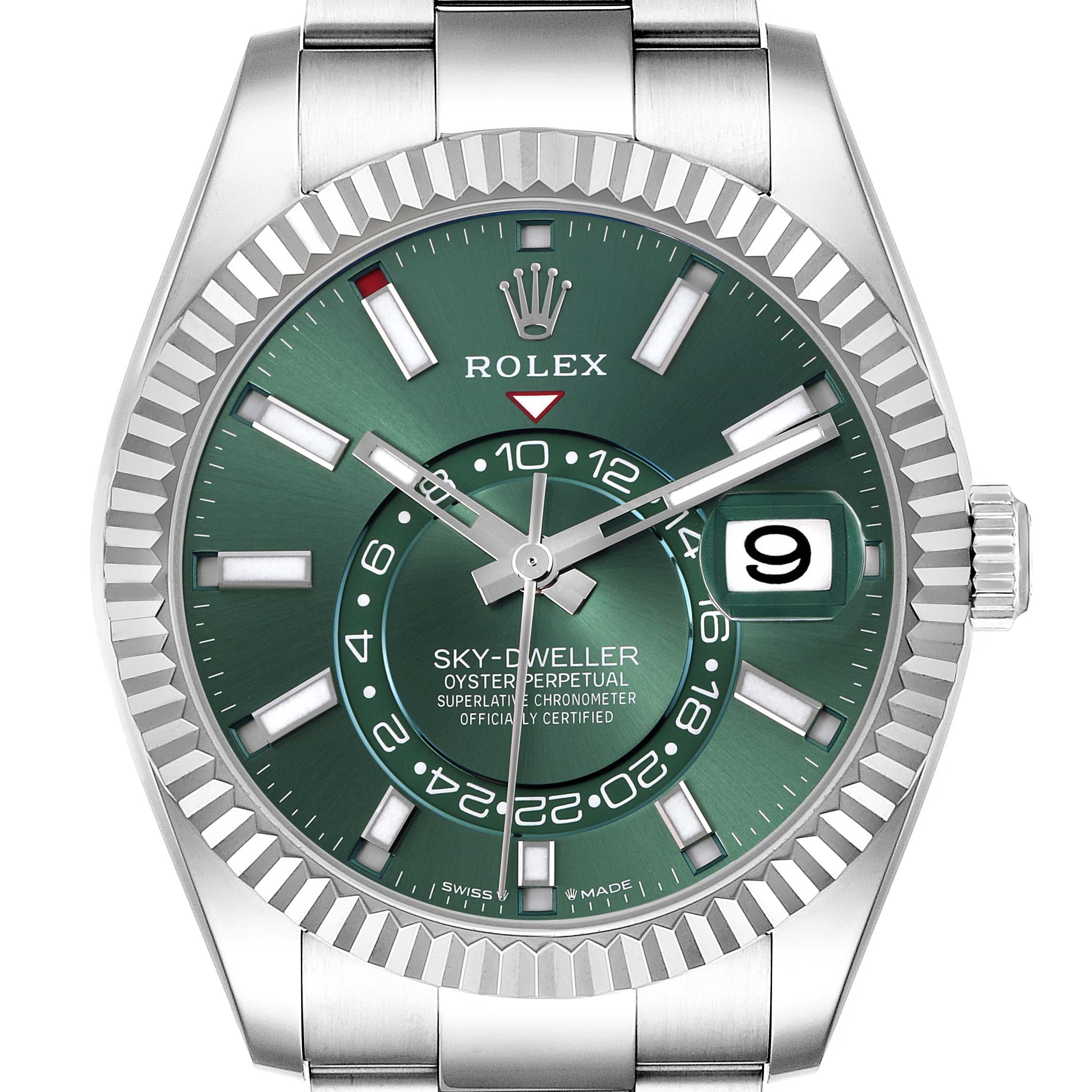 The image shows a Rolex Sky-Dweller 336934 Men's Stainless Steel Green Dial 336934 Men's Stainless Steel Green Dial watch from a front angle, highlighting its green dial, hands, date window, and fluted bezel.