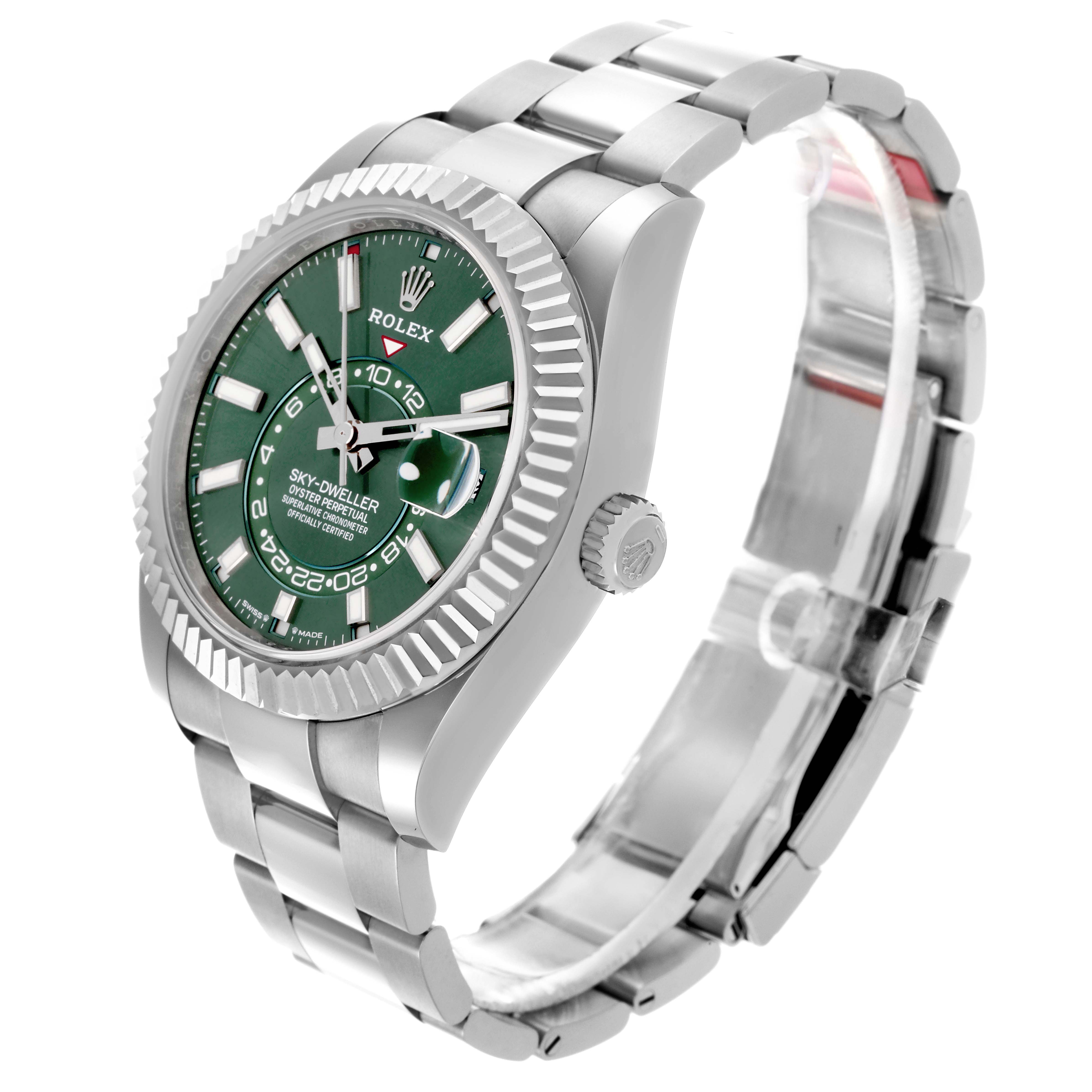 The Rolex Sky-Dweller 336934 Men's Stainless Steel Green Dial 336934 Men's Stainless Steel Green Dial watch is shown at an angled side view, highlighting its green dial, bezel, crown, and bracelet.