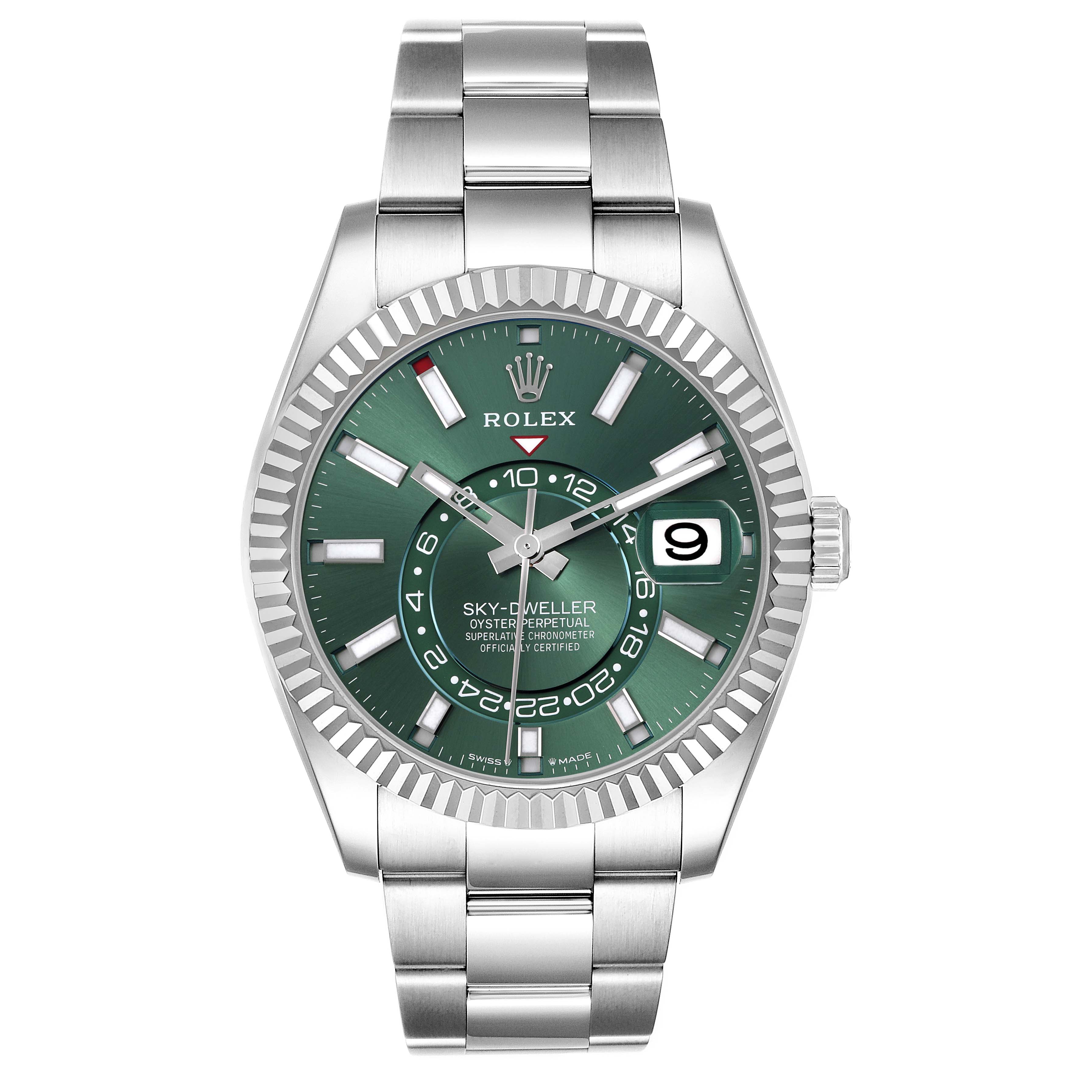 The Rolex Sky-Dweller 336934 Men's Stainless Steel Green Dial 336934 Men's Stainless Steel Green Dial watch is shown from a front angle, highlighting the face, bezel, bracelet, and crown.