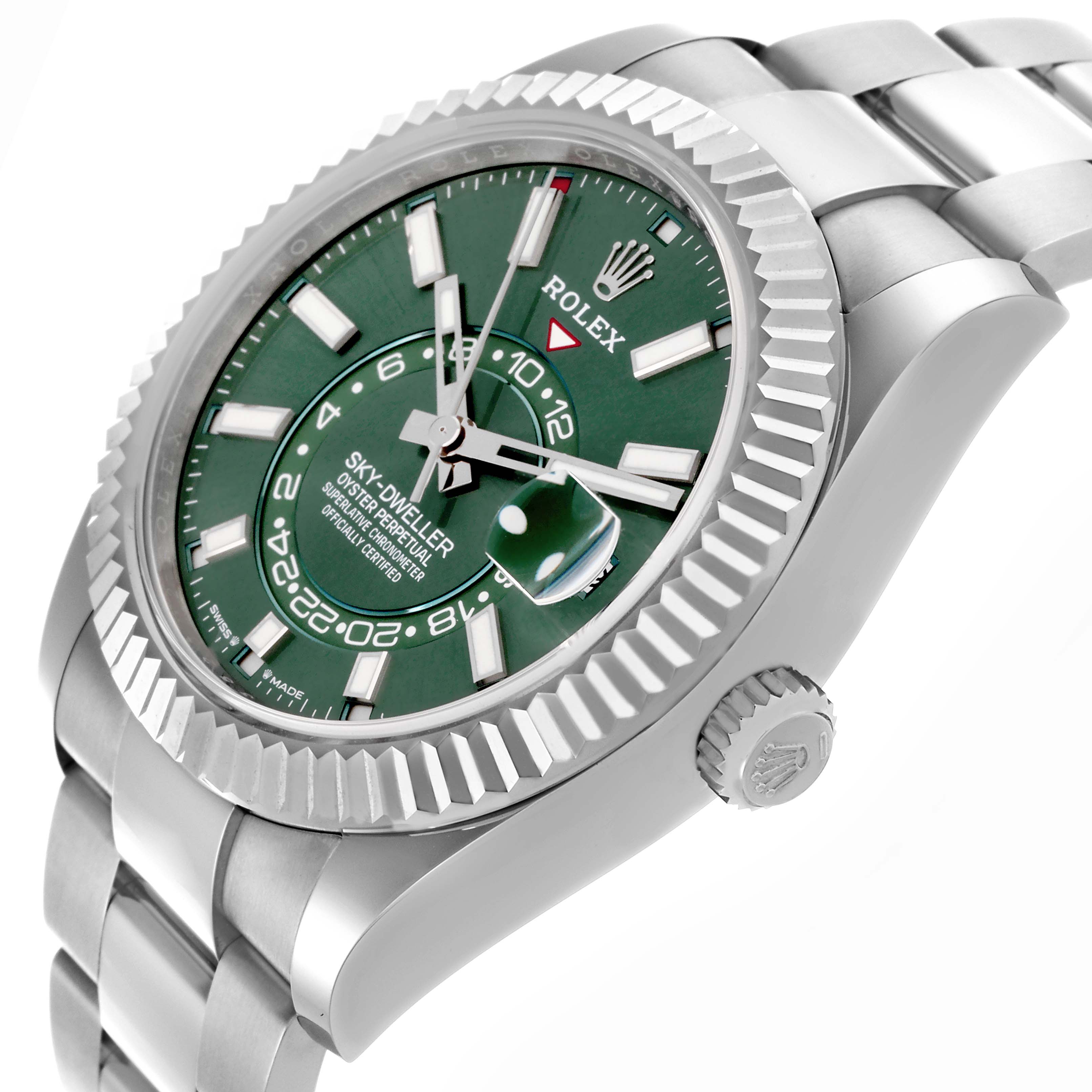 The Rolex Sky-Dweller 336934 Men's Stainless Steel Green Dial 336934 Men's Stainless Steel Green Dial watch is shown at a side angle, highlighting the bezel, dial, crown, and a portion of the bracelet.