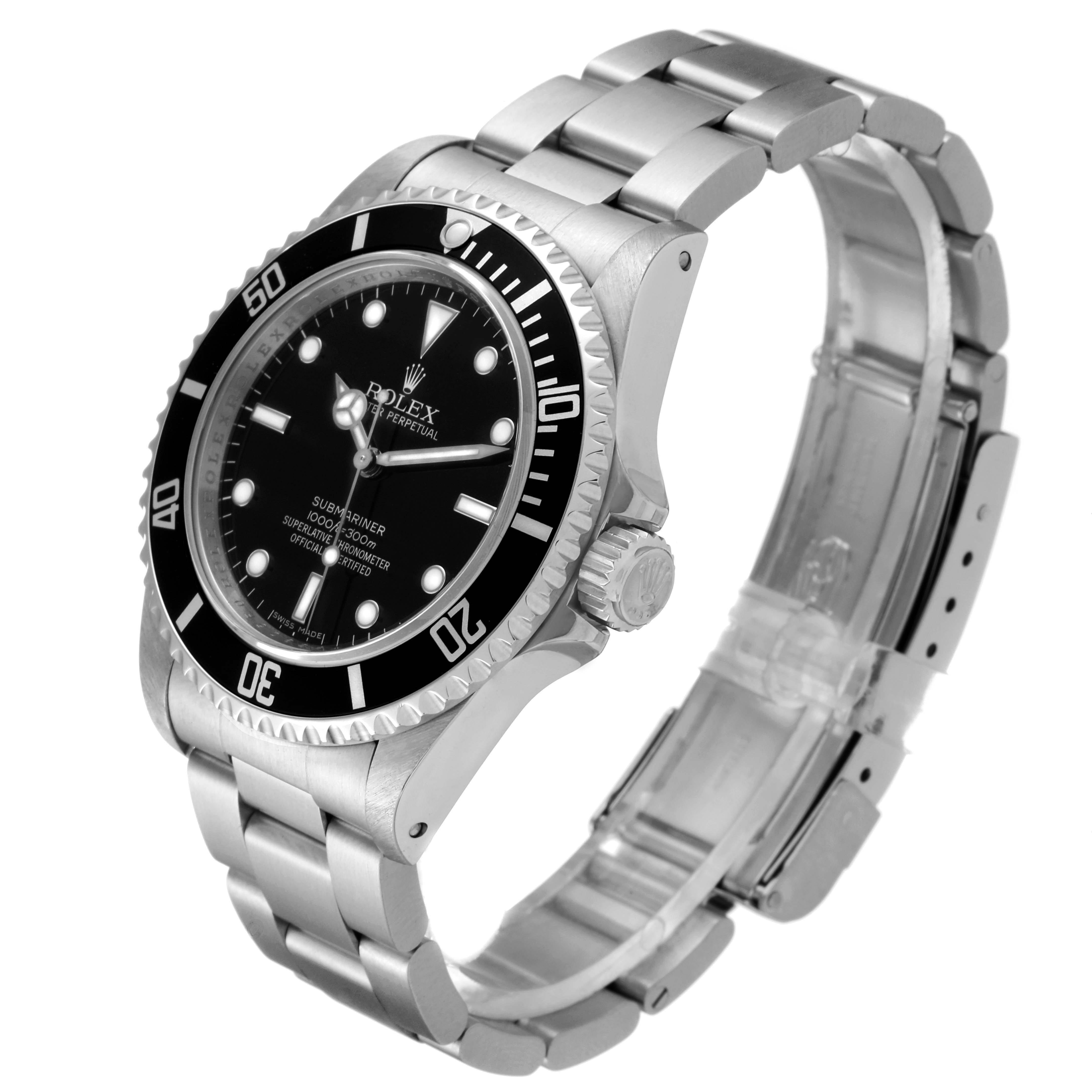 The image shows a side angle of the Rolex Submariner 14060 Men's Stainless Steel Black Dial 14060 Men's Stainless Steel Black Dial watch, highlighting the face, bezel, crown, and bracelet.