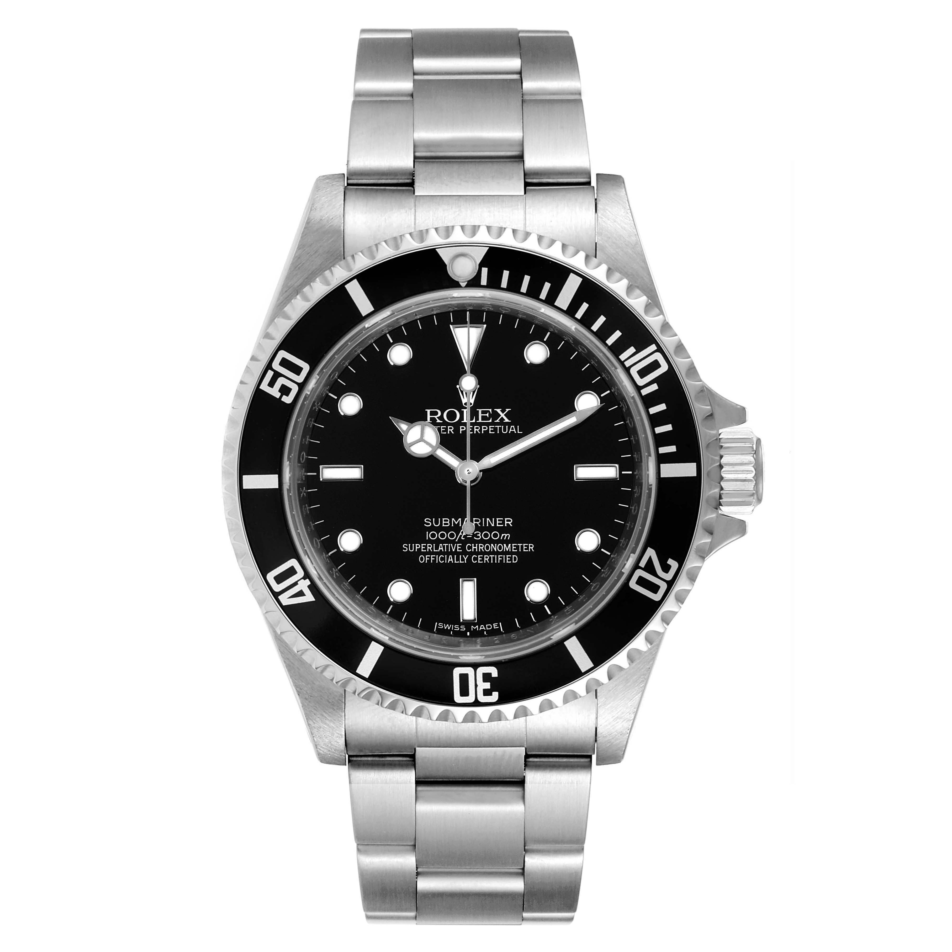 The image shows a front view of a Rolex Submariner 14060 Men's Stainless Steel Black Dial 14060 Men's Stainless Steel Black Dial watch, highlighting its dial, bezel, and stainless steel bracelet.