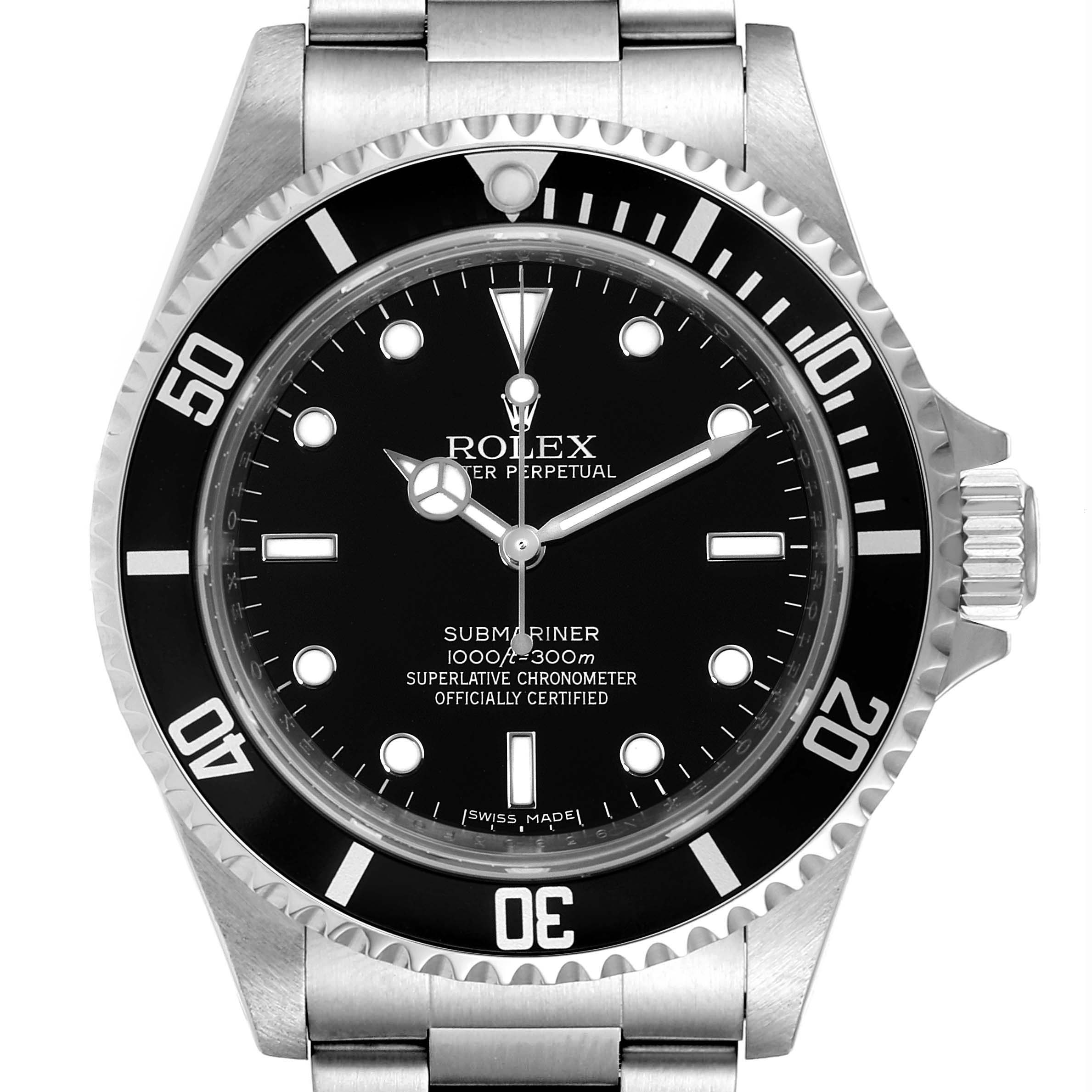 The image shows a front view of a Rolex Submariner 14060 Men's Stainless Steel Black Dial 14060 Men's Stainless Steel Black Dial watch, displaying its dial, bezel, and part of its bracelet.