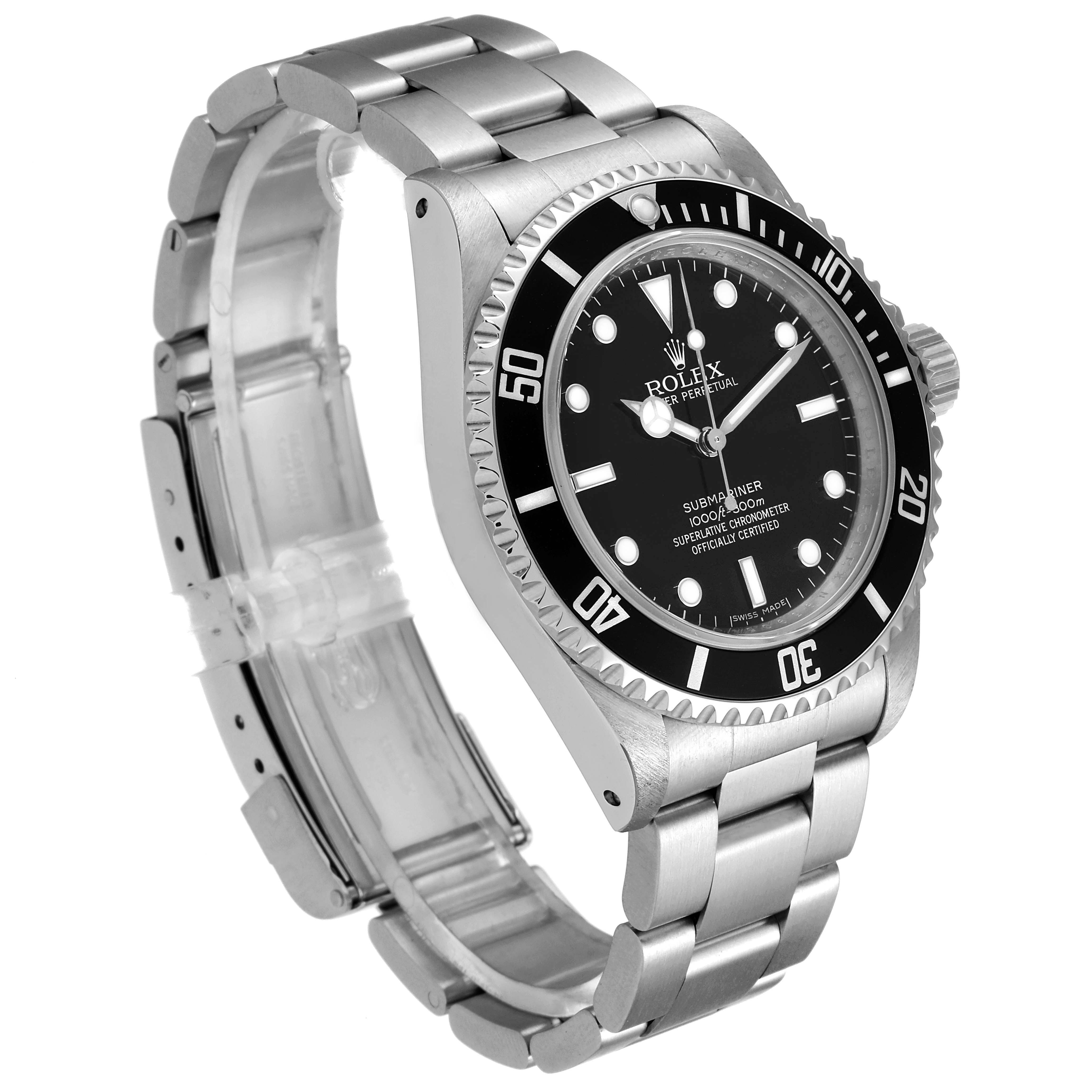 The image shows a side angle of the Rolex Submariner 14060 Men's Stainless Steel Black Dial 14060 Men's Stainless Steel Black Dial watch, highlighting its face, bezel, and metal bracelet.