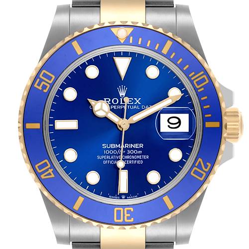 The Rolex Submariner watch is shown from the front, highlighting its blue dial, bezel, and date window.