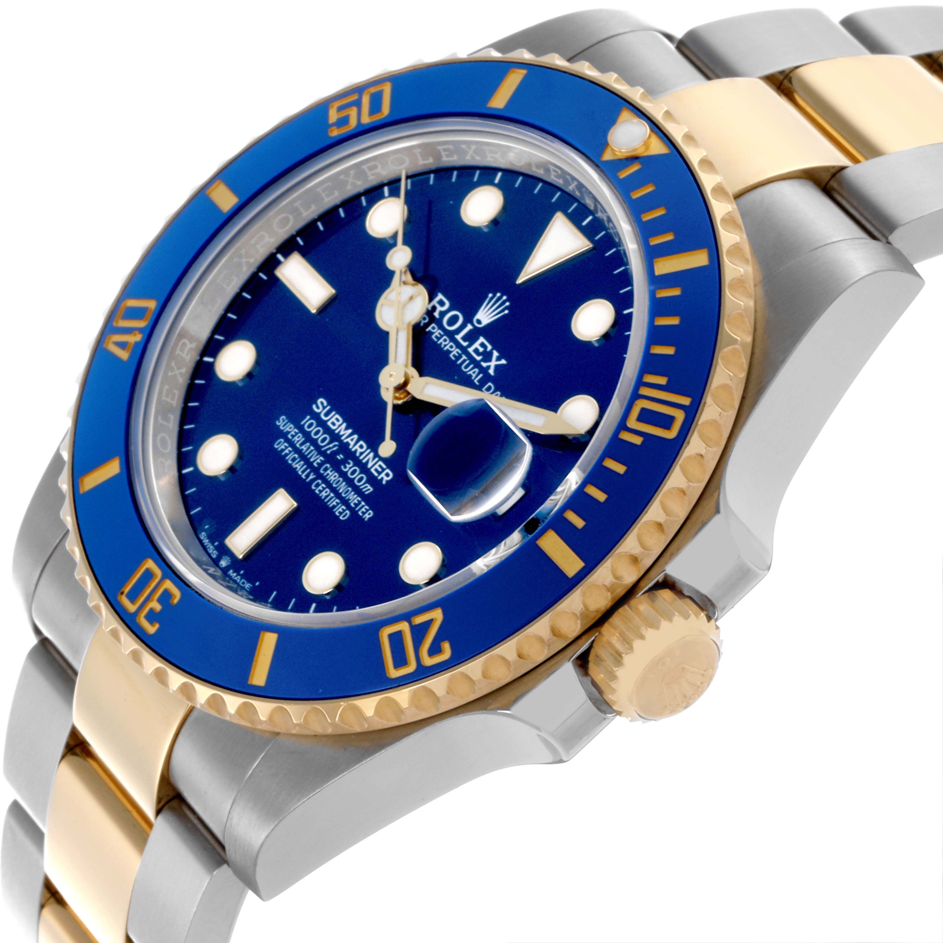The Rolex Submariner 126613LB Men's Steel and Gold (two tone) Blue Dial 126613LB Men's Steel and Gold (two tone) Blue Dial watch is shown at a slight side angle, highlighting the blue dial, gold bezel, and two-tone bracelet.