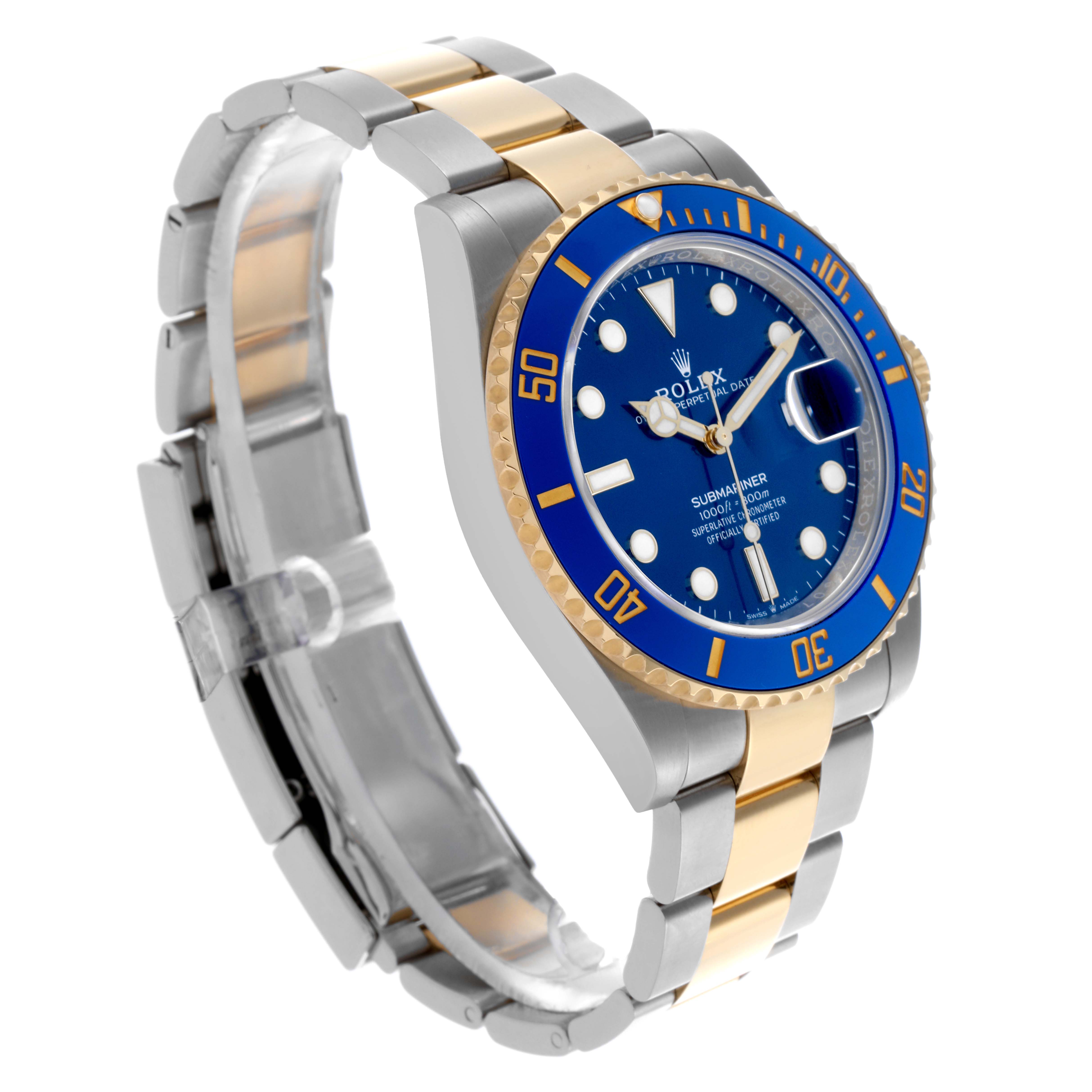 The Rolex Submariner 126613LB Men's Steel and Gold (two tone) Blue Dial 126613LB Men's Steel and Gold (two tone) Blue Dial watch is shown at an angled side view, highlighting its blue dial, gold and silver bracelet, and bezel.