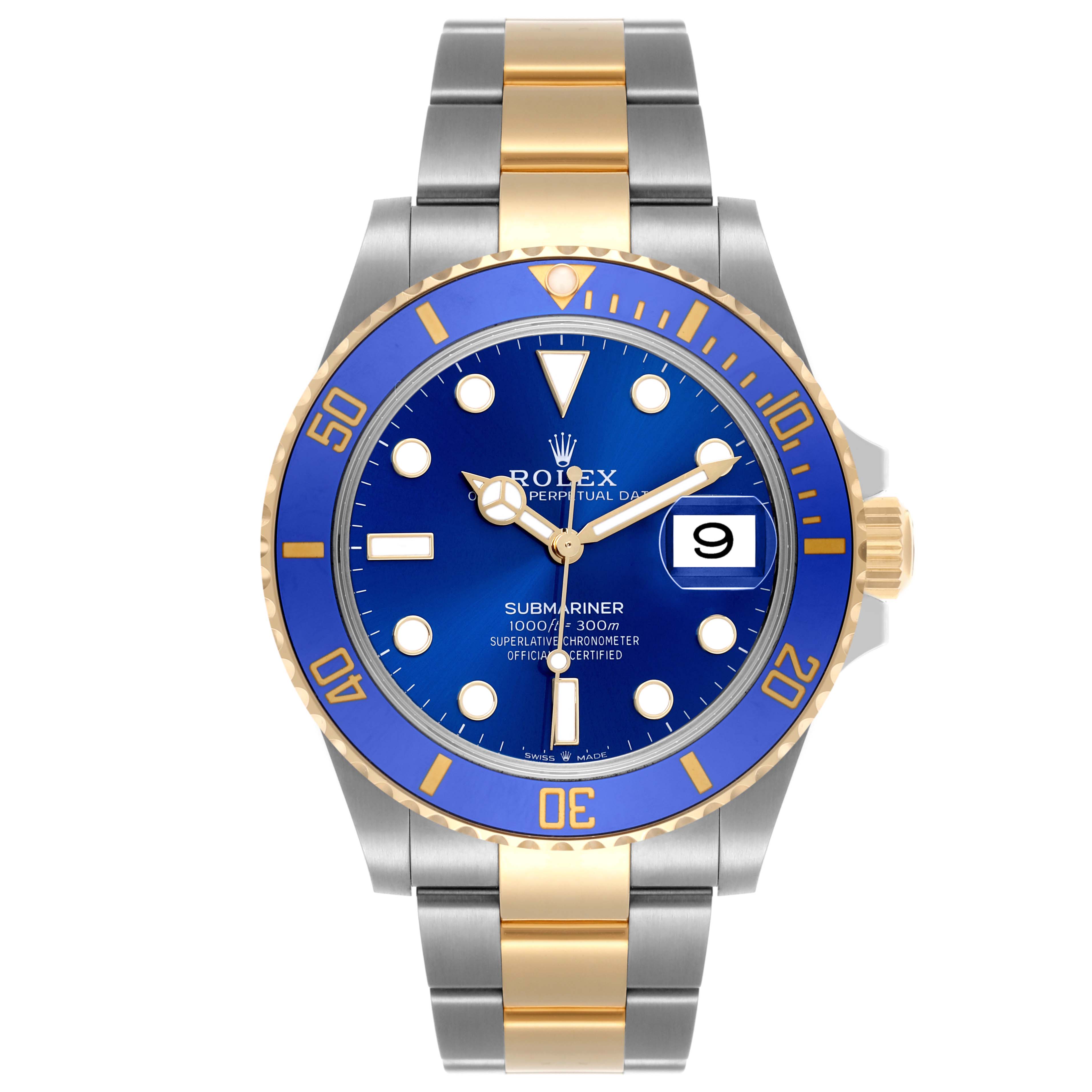 The Rolex Submariner 126613LB Men's Steel and Gold (two tone) Blue Dial 126613LB Men's Steel and Gold (two tone) Blue Dial is shown from the front, highlighting its blue dial, bezel, and two-tone bracelet.